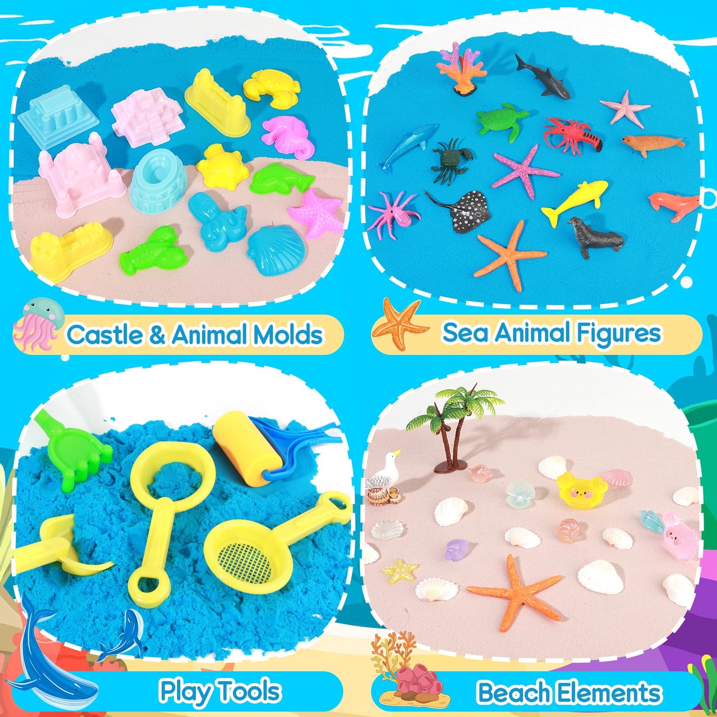Mikiwon Ocean Sensory Bin - Sand Art Kit with 3.3lbs Play Sand & Sea Animal Molds