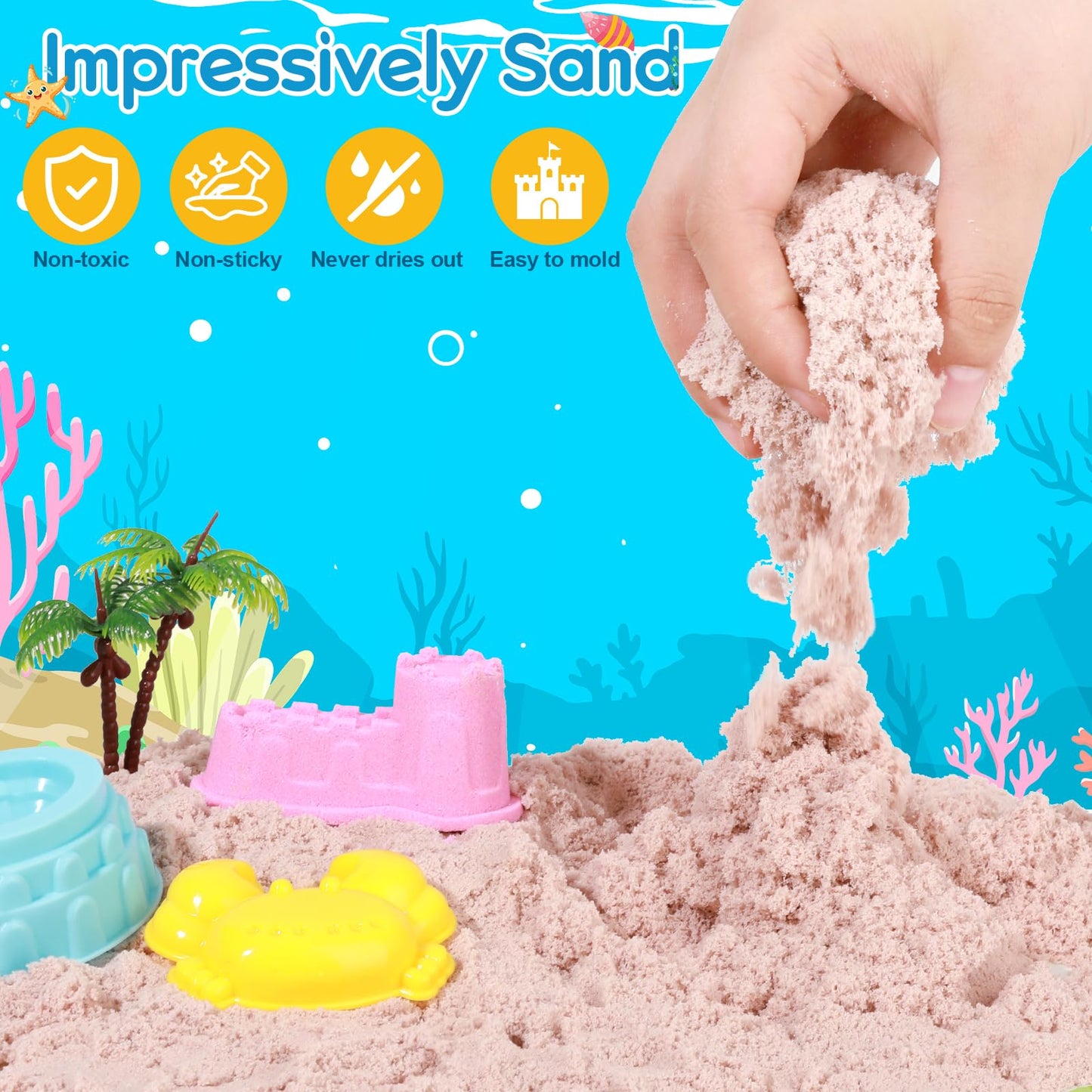 Mikiwon Ocean Sensory Bin - Sand Art Kit with 3.3lbs Play Sand & Sea Animal Molds
