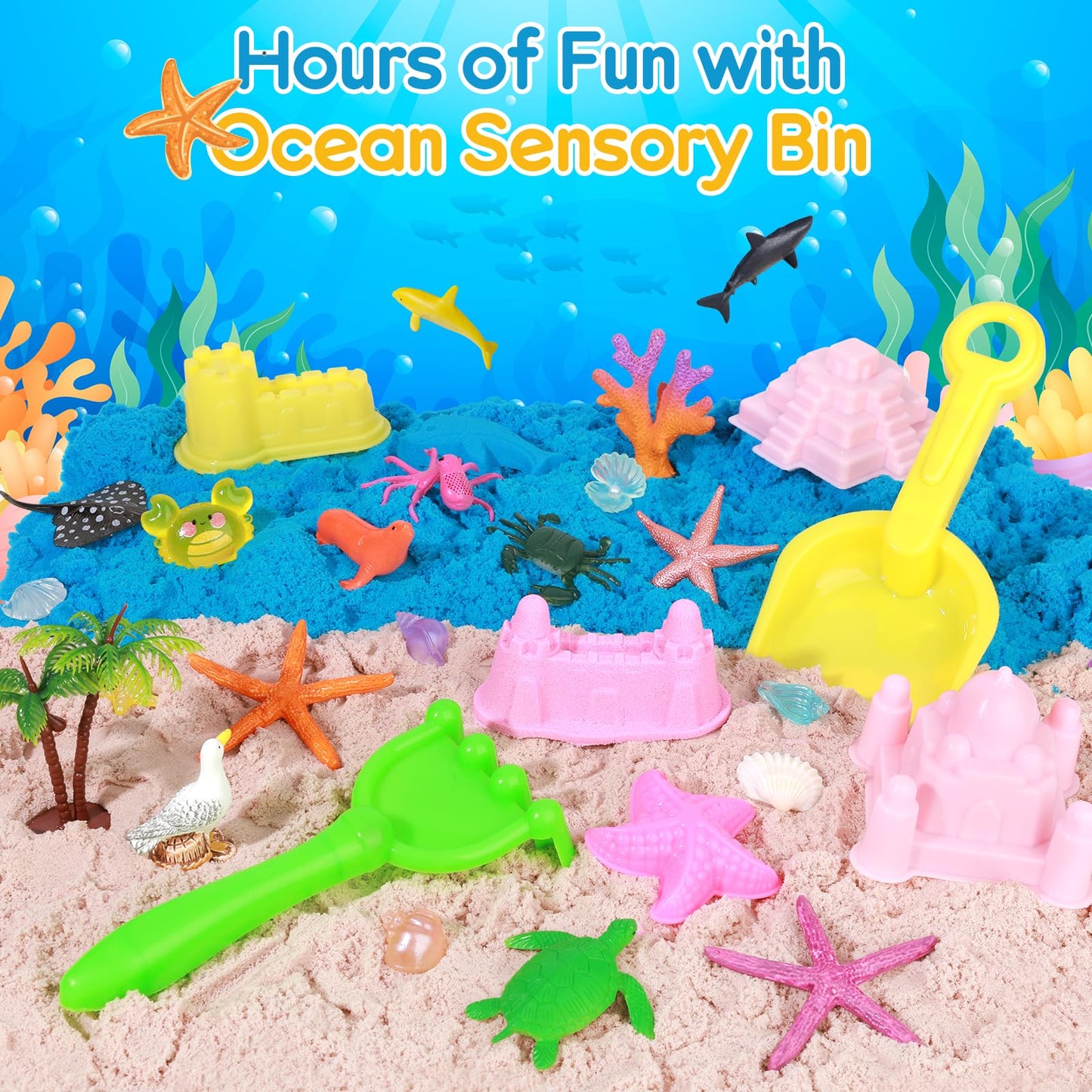 Mikiwon Ocean Sensory Bin - Sand Art Kit with 3.3lbs Play Sand & Sea Animal Molds