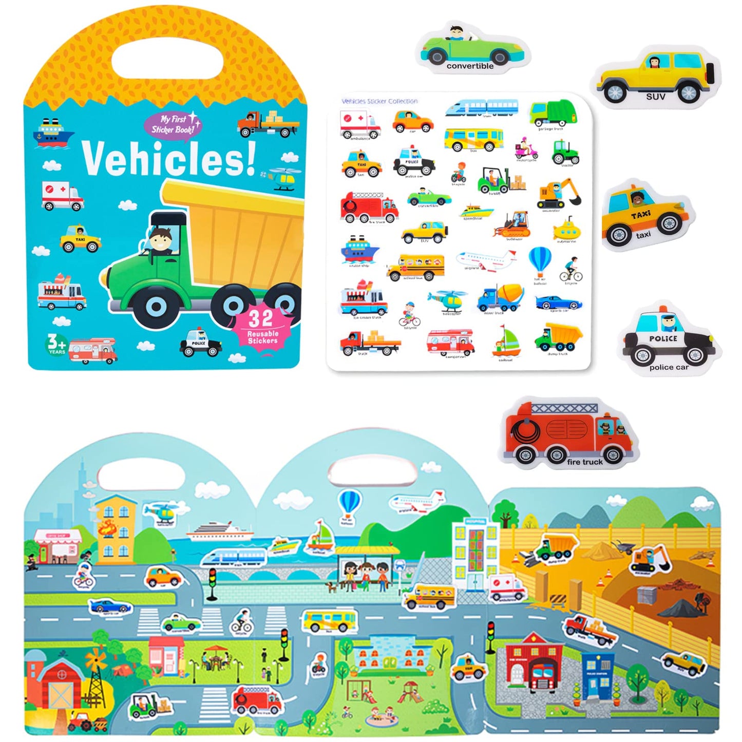 MIKNEKE Jelly Reusable Sticker Book for Toddlers 1-4 | Vehicles Travel Activity Book