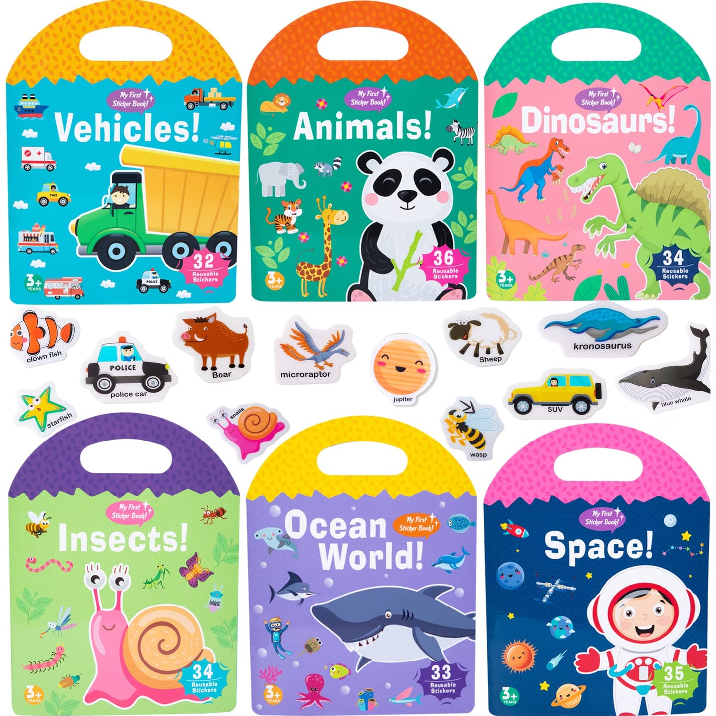 MIKNEKE 6 Pack Jelly Reusable Sticker Books for Toddlers (1-4 Years) | Portable Travel Activity Books