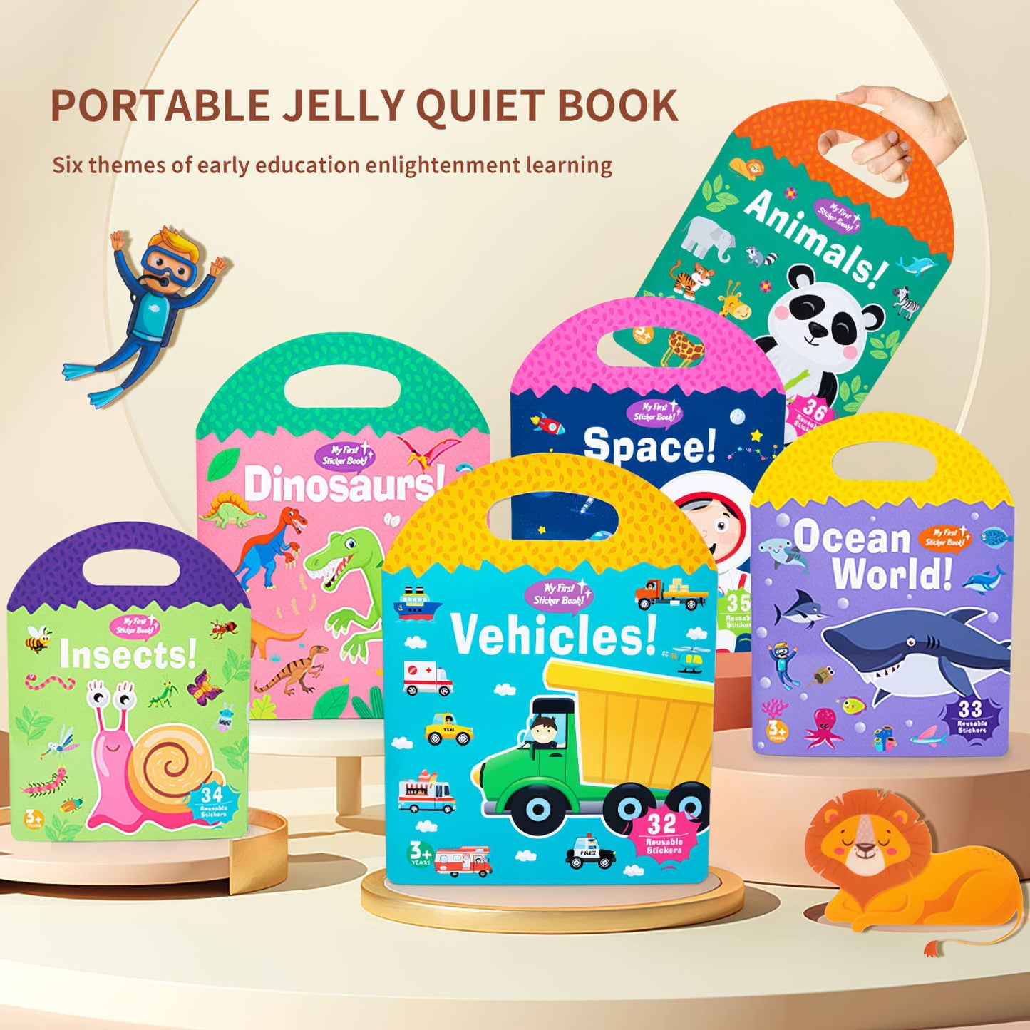 MIKNEKE 6 Pack Jelly Reusable Sticker Books for Toddlers (1-4 Years) | Portable Travel Activity Books