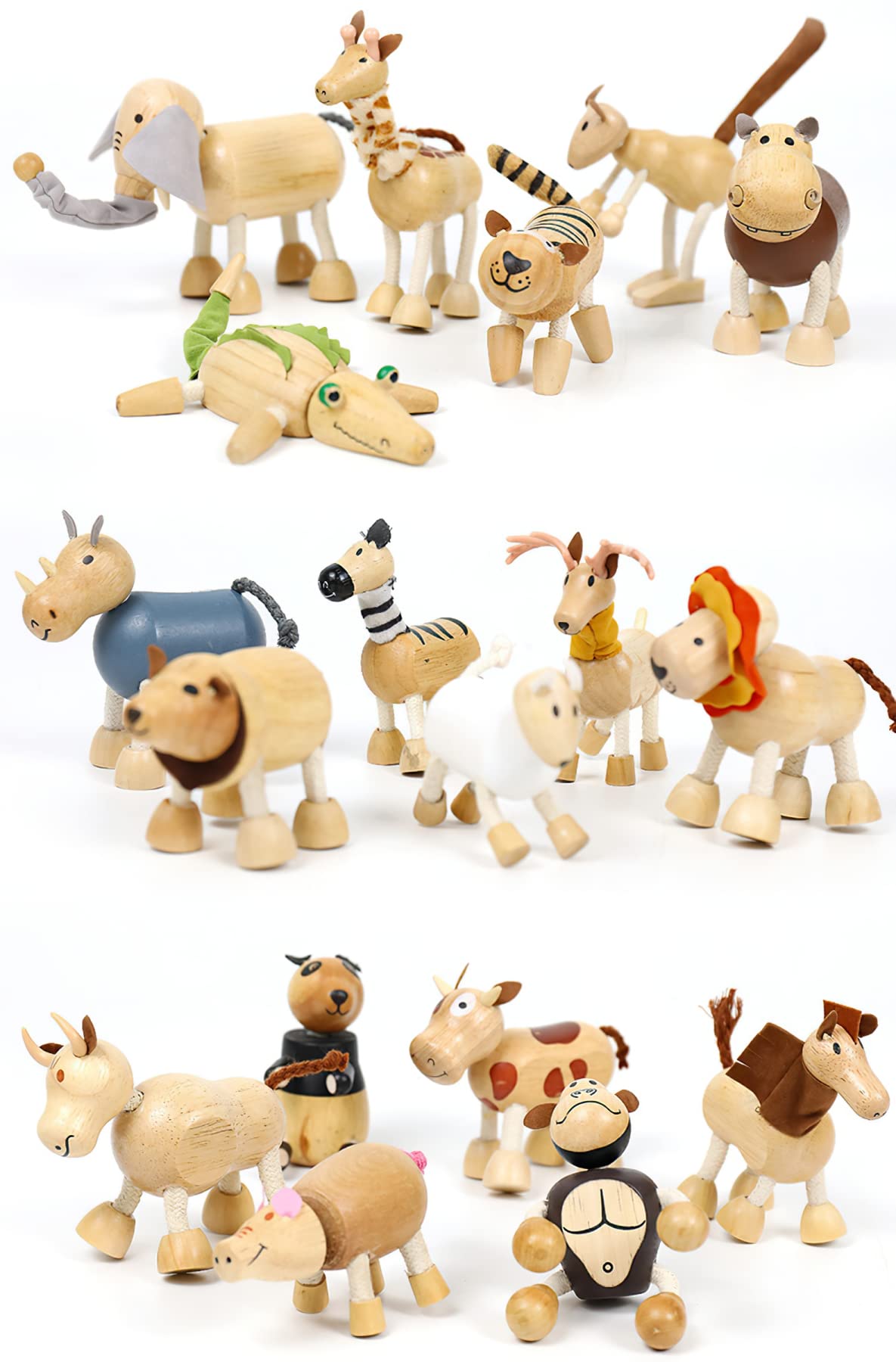 MIKNEKE 6-Pack Bendable Wooden Animal Figurines – Safe Natural Wood Zoo & Safari Toys