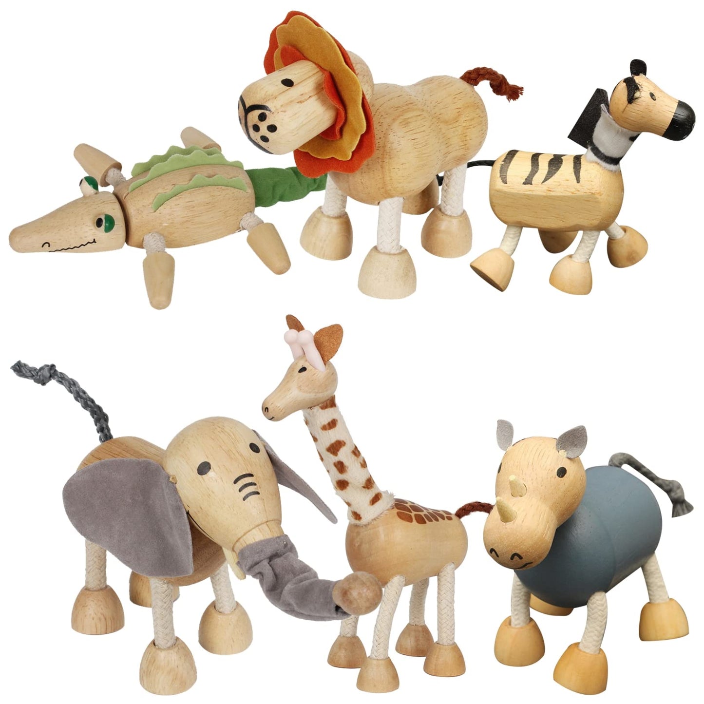 MIKNEKE 6-Pack Bendable Wooden Animal Figurines – Safe Natural Wood Zoo & Safari Toys