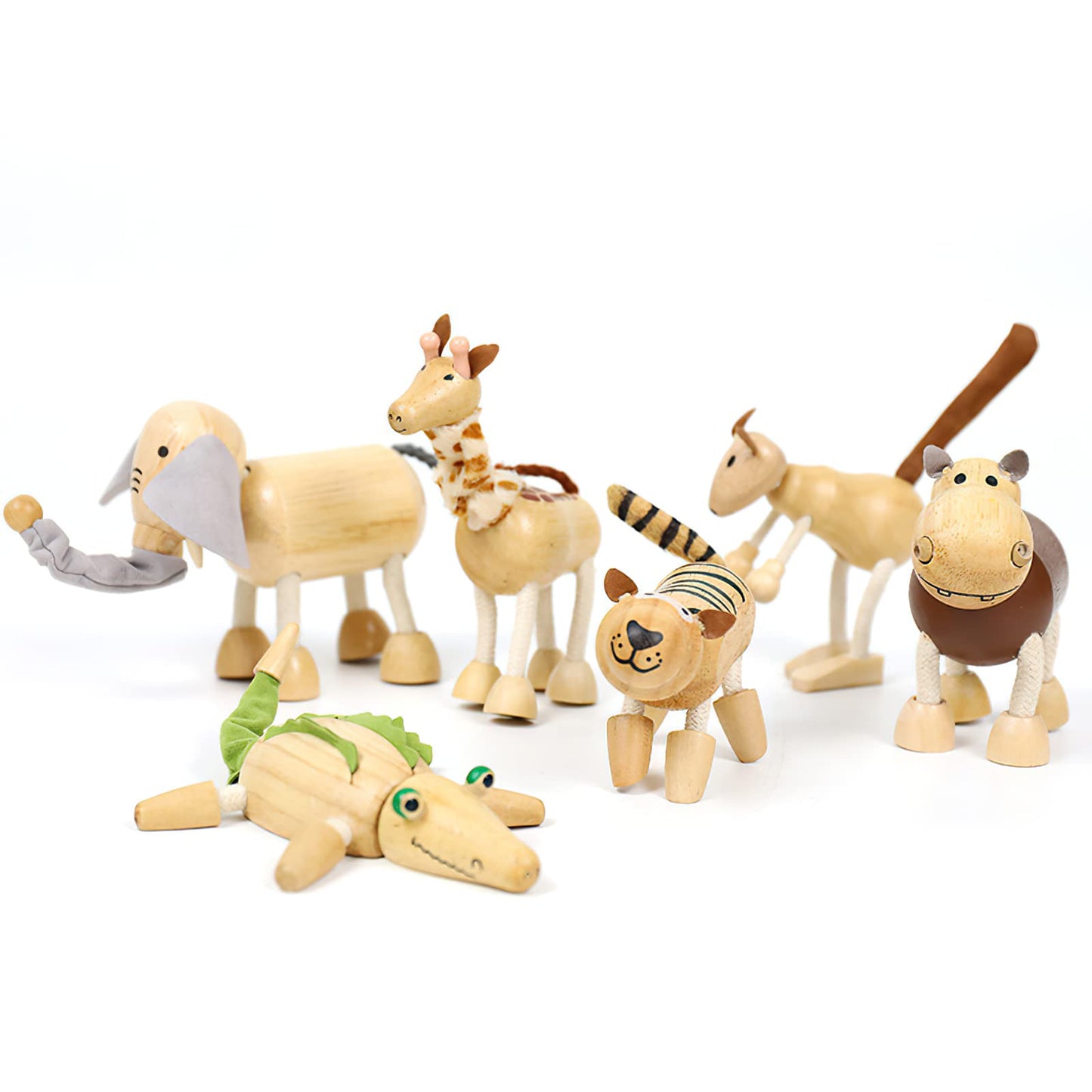 MIKNEKE 6-Pack Bendable Wooden Animal Figurines – Safe Natural Wood Zoo & Safari Toys
