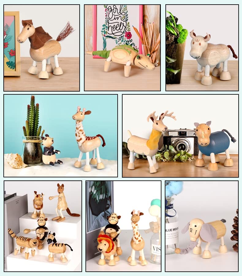 MIKNEKE 6-Pack Bendable Wooden Animal Figurines – Safe Natural Wood Zoo & Safari Toys
