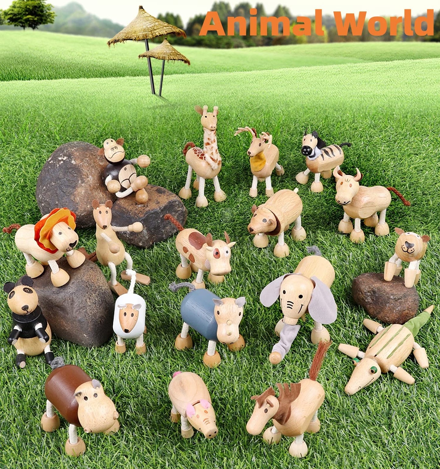 MIKNEKE 6-Pack Bendable Wooden Animal Figurines – Safe Natural Wood Zoo & Safari Toys