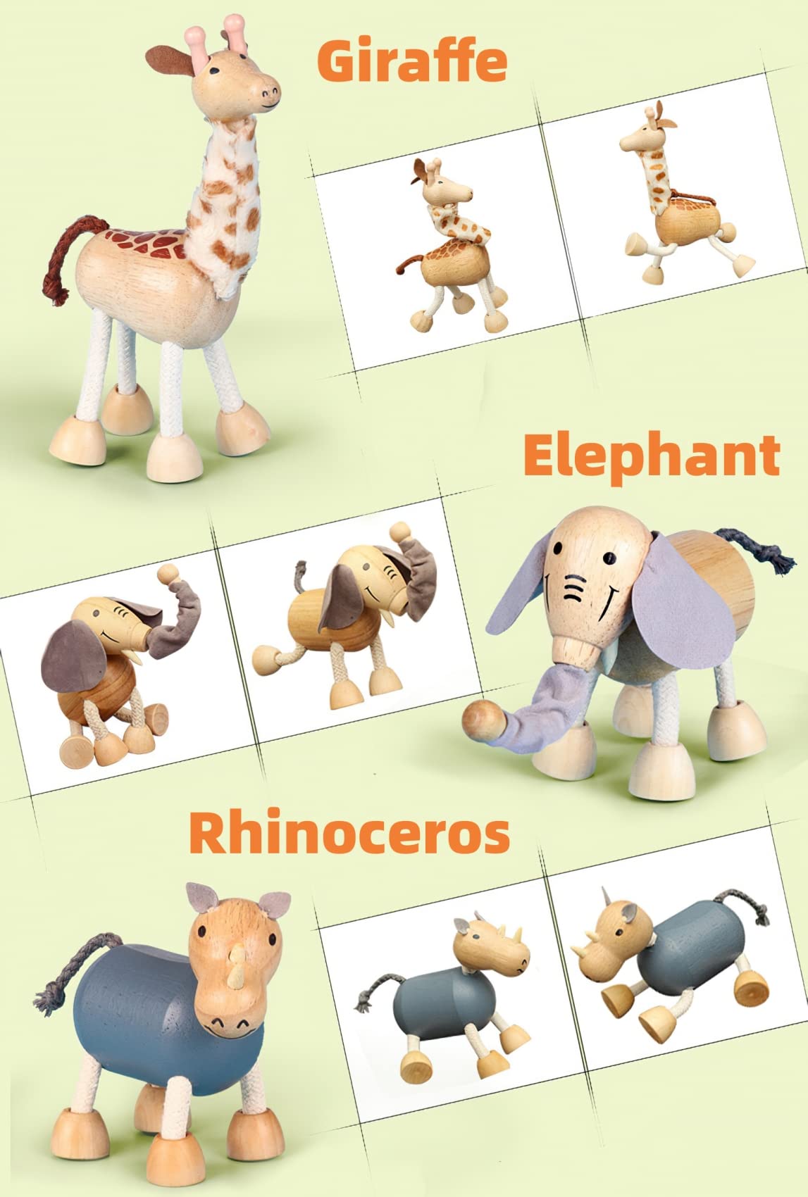 MIKNEKE 6-Pack Bendable Wooden Animal Figurines – Safe Natural Wood Zoo & Safari Toys