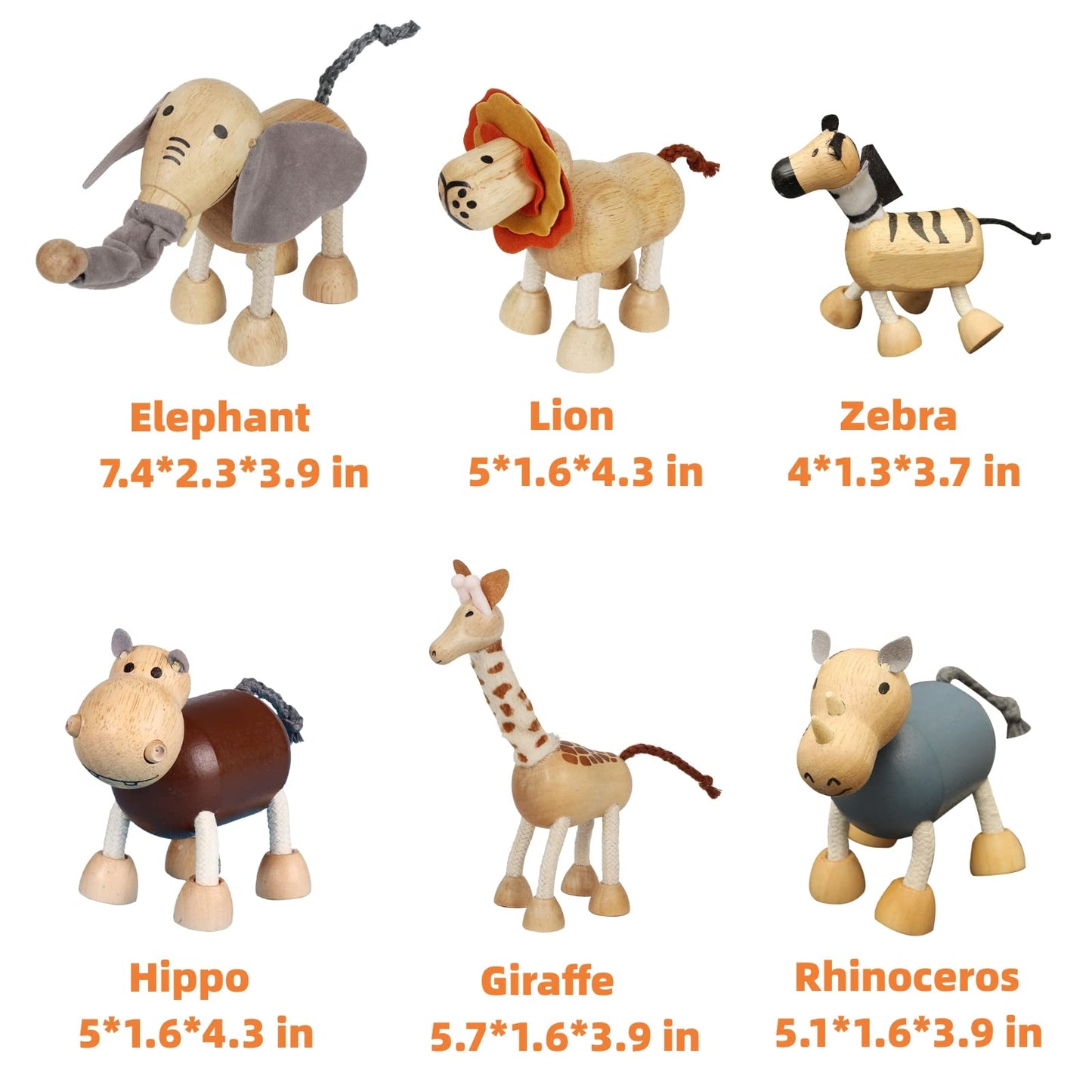 MIKNEKE 6-Pack Bendable Wooden Animal Figurines – Safe Natural Wood Zoo & Safari Toys