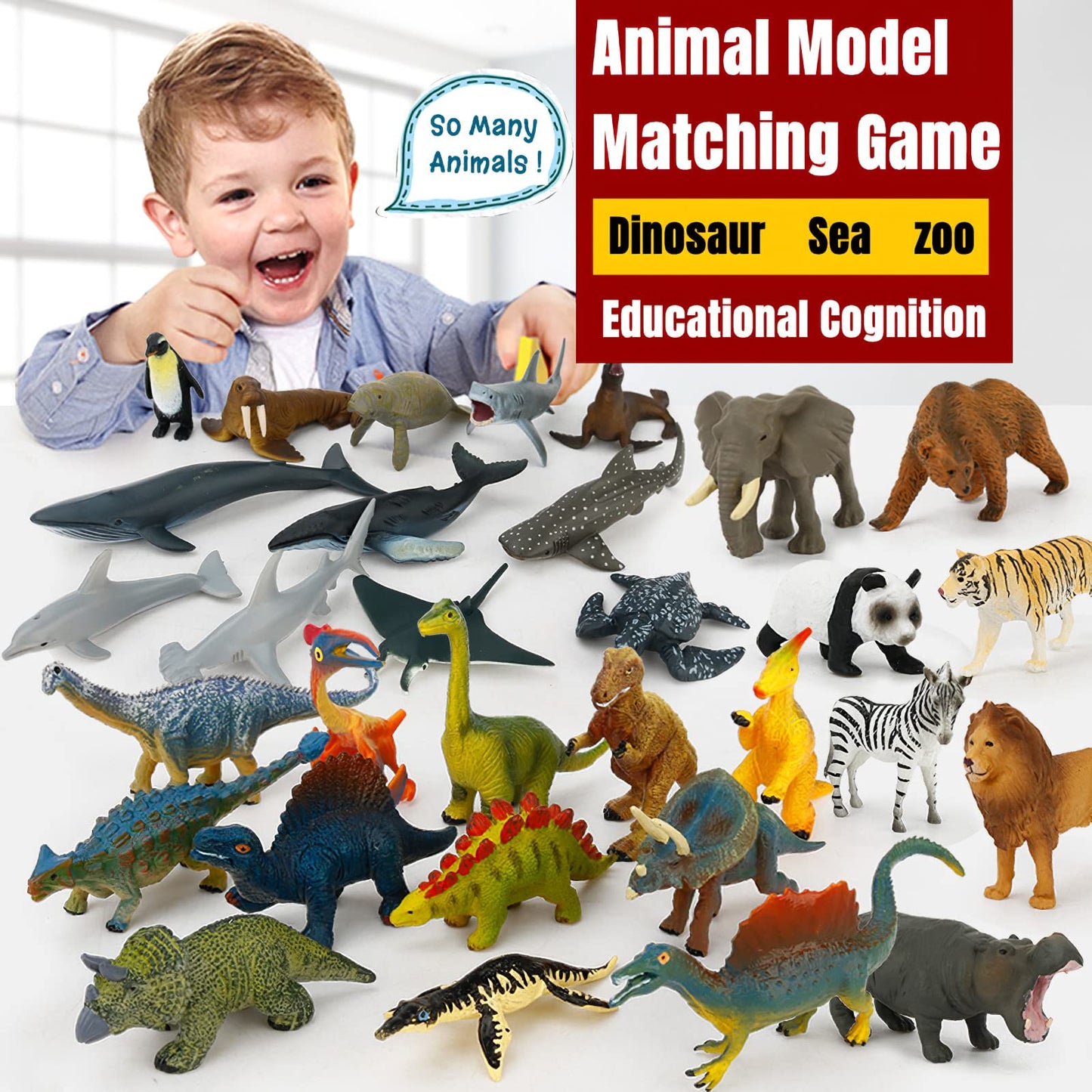 MIKNEKE Montessori Animal Figures with Flash Cards – 12 Realistic Zoo Toys