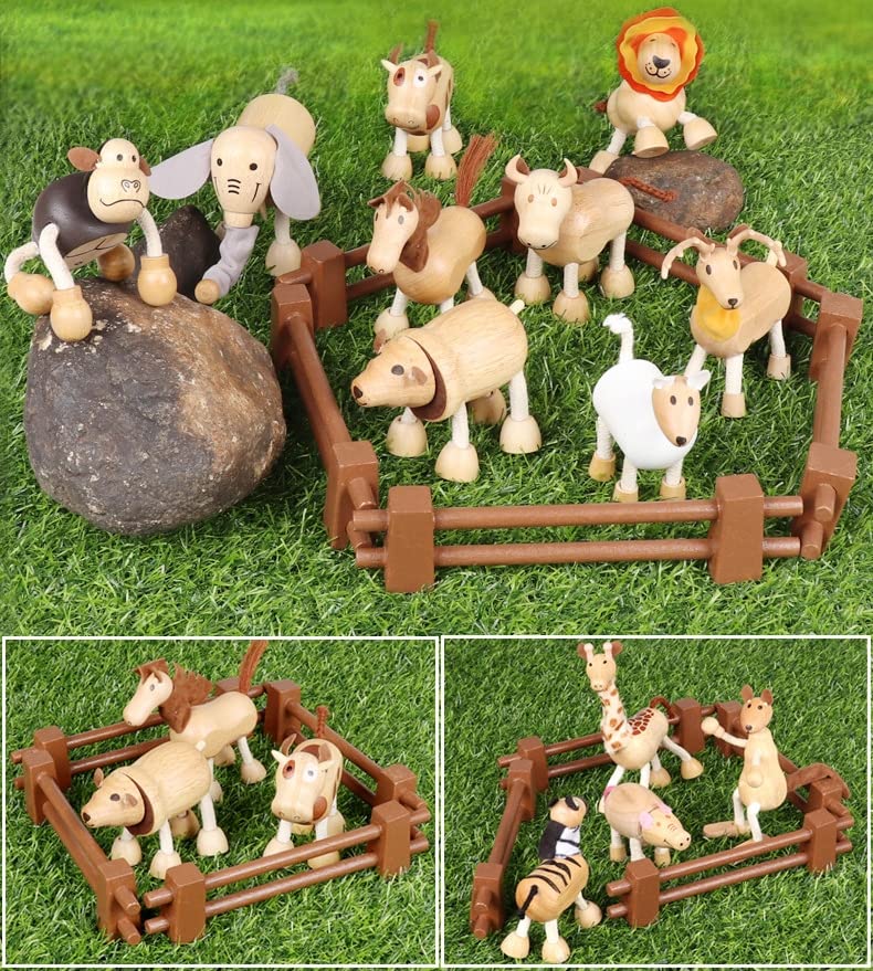 MIKNEKE 6-Pack Bendable Wooden Animal Figurines – Safe Natural Wood Zoo & Safari Toys