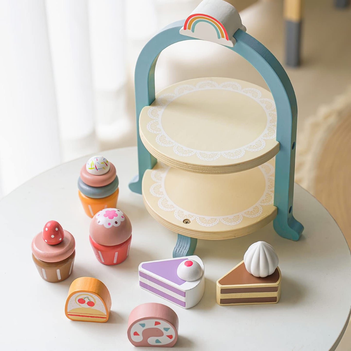 MIKNEKE Wooden Dessert Cake Play Set – Pretend Play Kitchen Toys for Kids