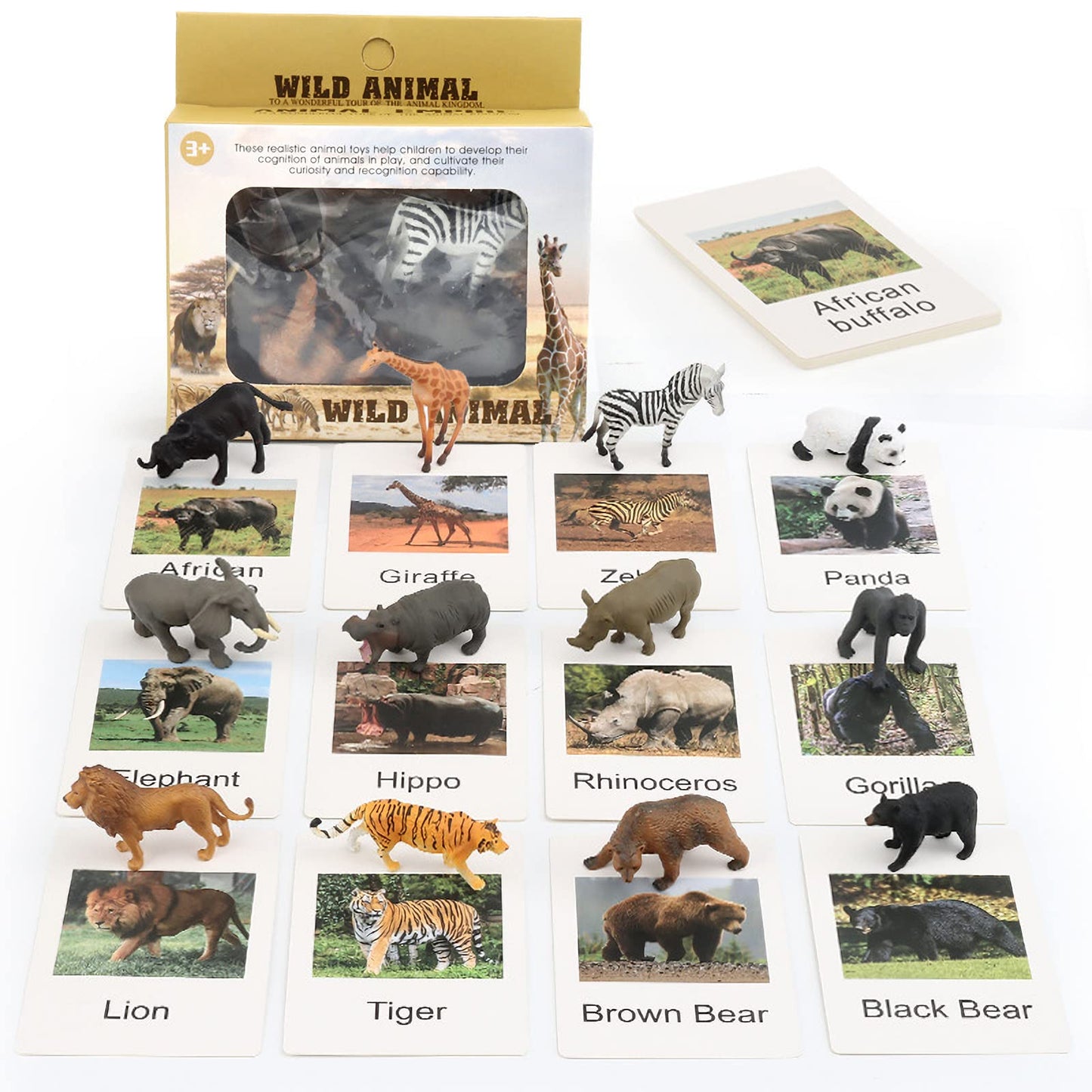 MIKNEKE Montessori Animal Figures with Flash Cards – 12 Realistic Zoo Toys
