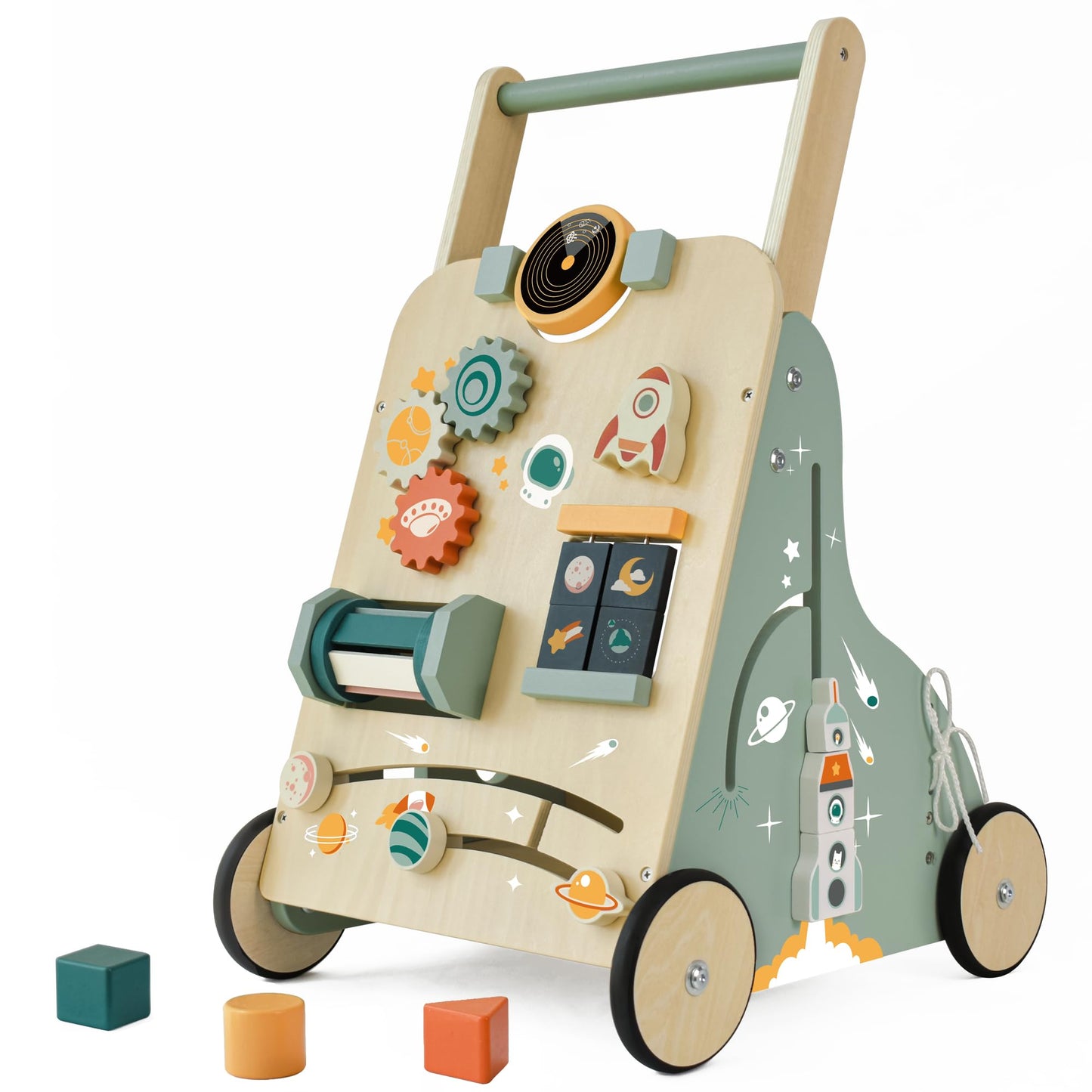 MILEFUN Adjustable Wooden Baby Walker – Montessori Rocket Push Toy for Toddlers 10–36 Months