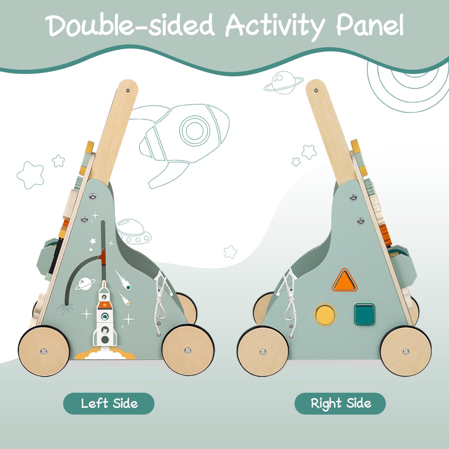 MILEFUN Adjustable Wooden Baby Walker – Montessori Rocket Push Toy for Toddlers 10–36 Months