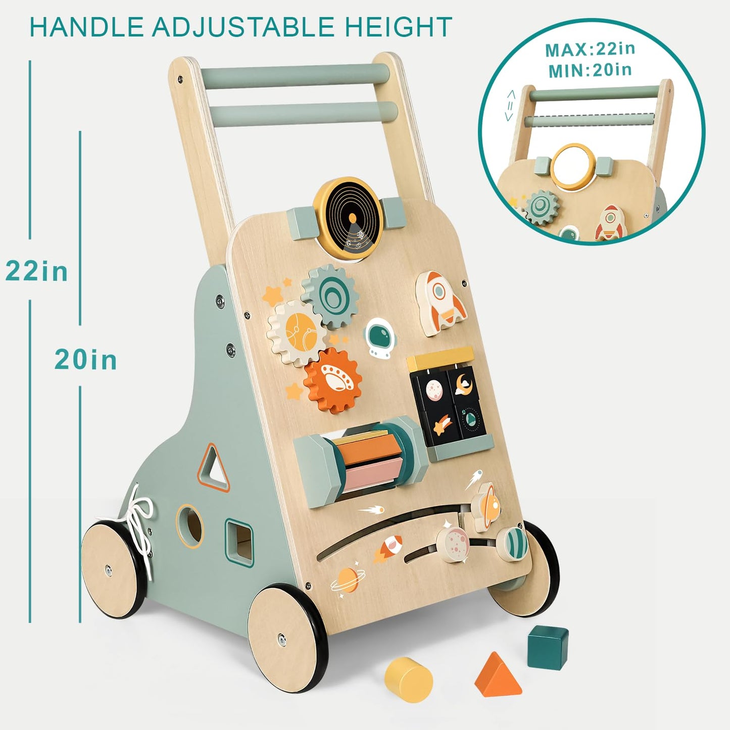 MILEFUN Adjustable Wooden Baby Walker – Montessori Rocket Push Toy for Toddlers 10–36 Months