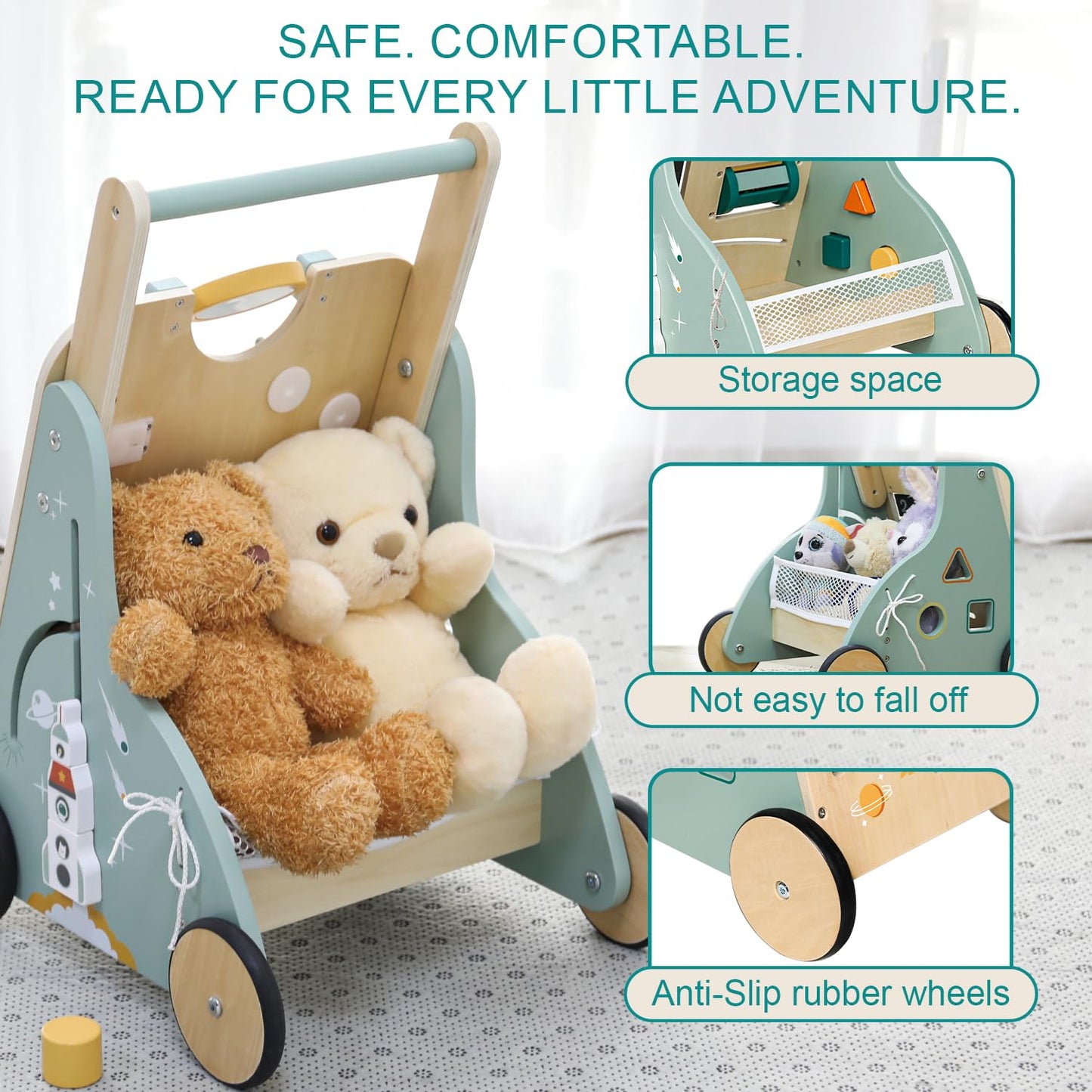 MILEFUN Adjustable Wooden Baby Walker – Montessori Rocket Push Toy for Toddlers 10–36 Months