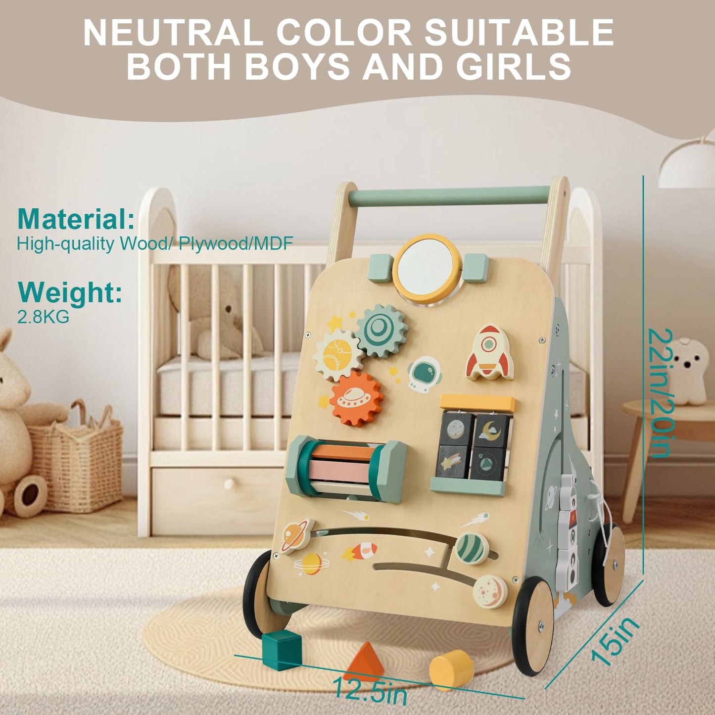 MILEFUN Adjustable Wooden Baby Walker – Montessori Rocket Push Toy for Toddlers 10–36 Months