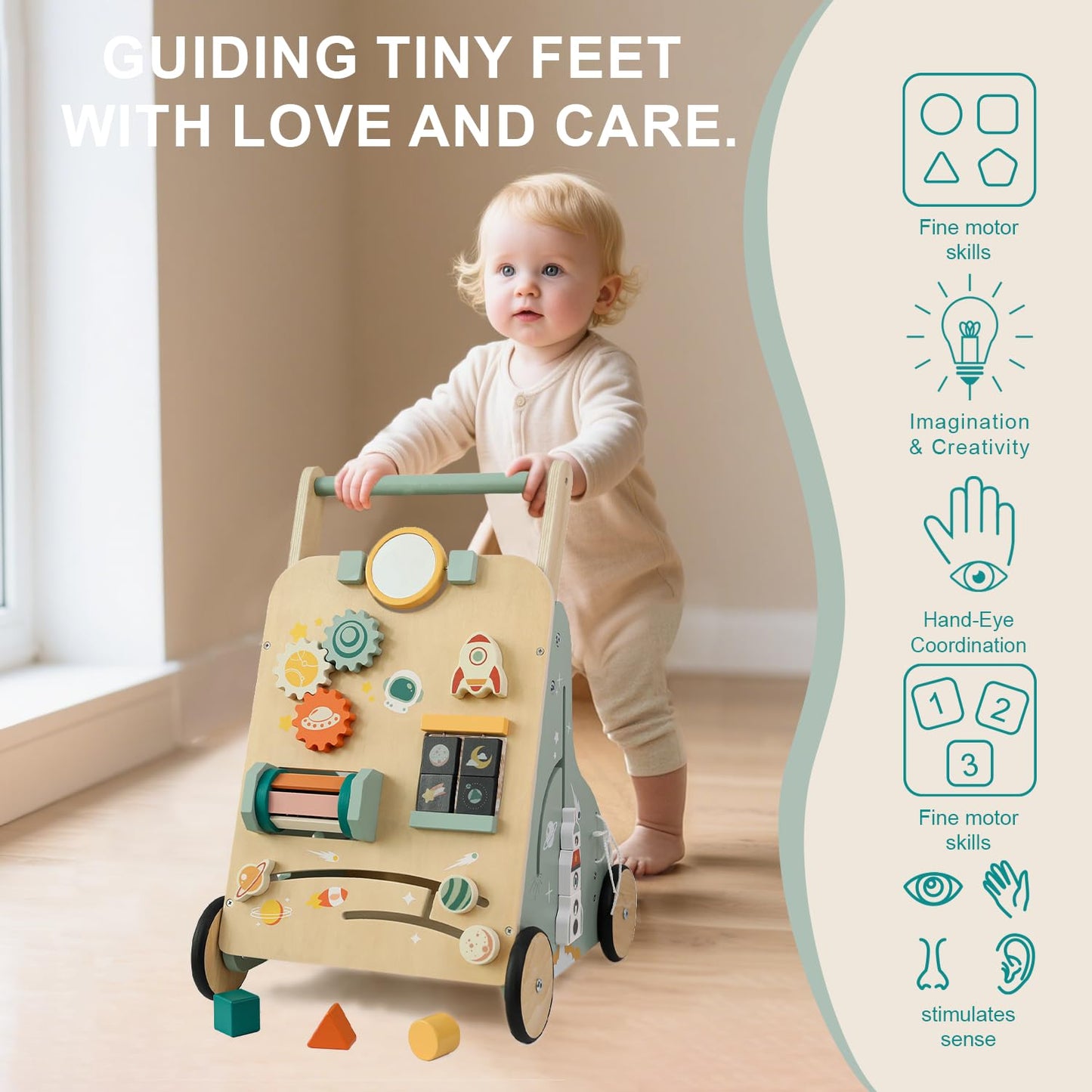 MILEFUN Adjustable Wooden Baby Walker – Montessori Rocket Push Toy for Toddlers 10–36 Months