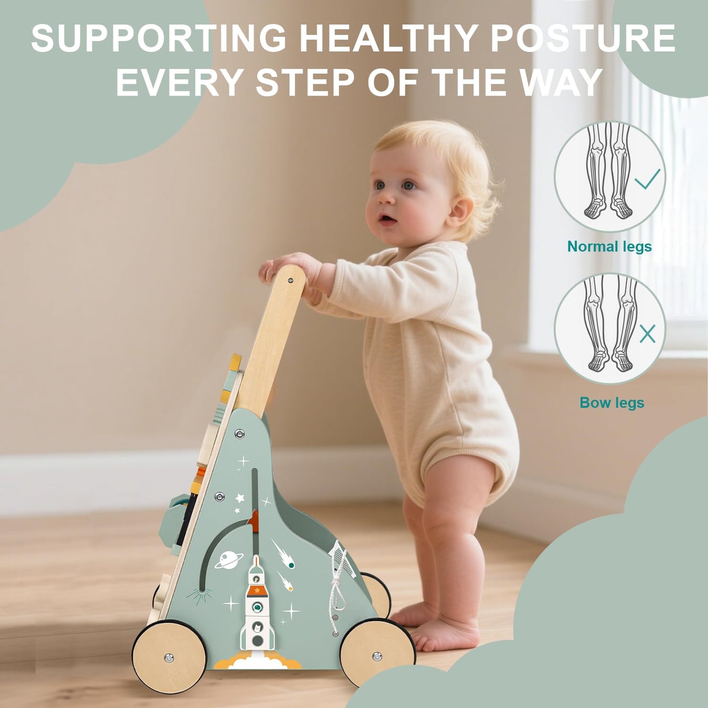 MILEFUN Adjustable Wooden Baby Walker – Montessori Rocket Push Toy for Toddlers 10–36 Months