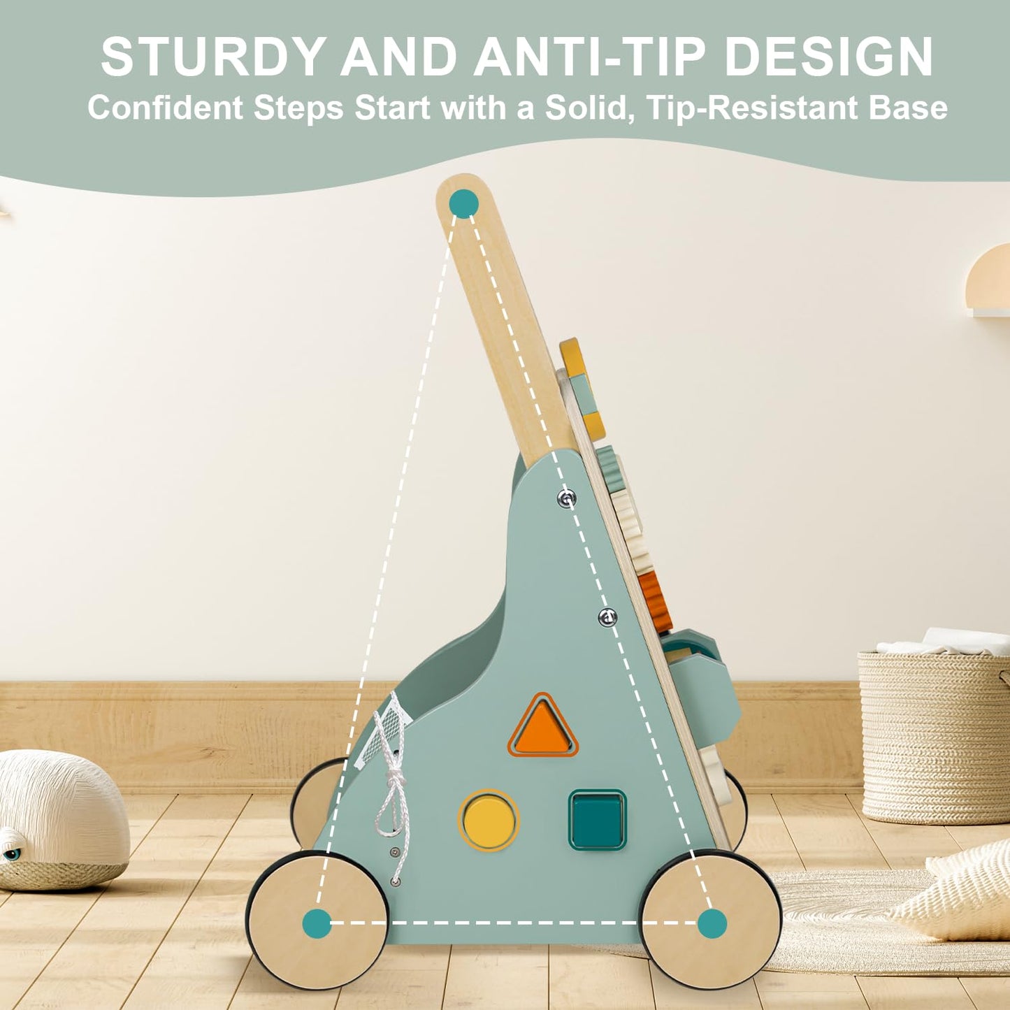 MILEFUN Adjustable Wooden Baby Walker – Montessori Rocket Push Toy for Toddlers 10–36 Months
