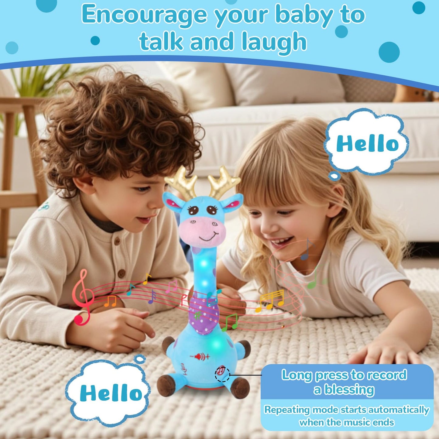 MILEGI Dancing Talking Giraffe Toy – 10 Songs, Adjustable Volume, Light-Up Tummy Time