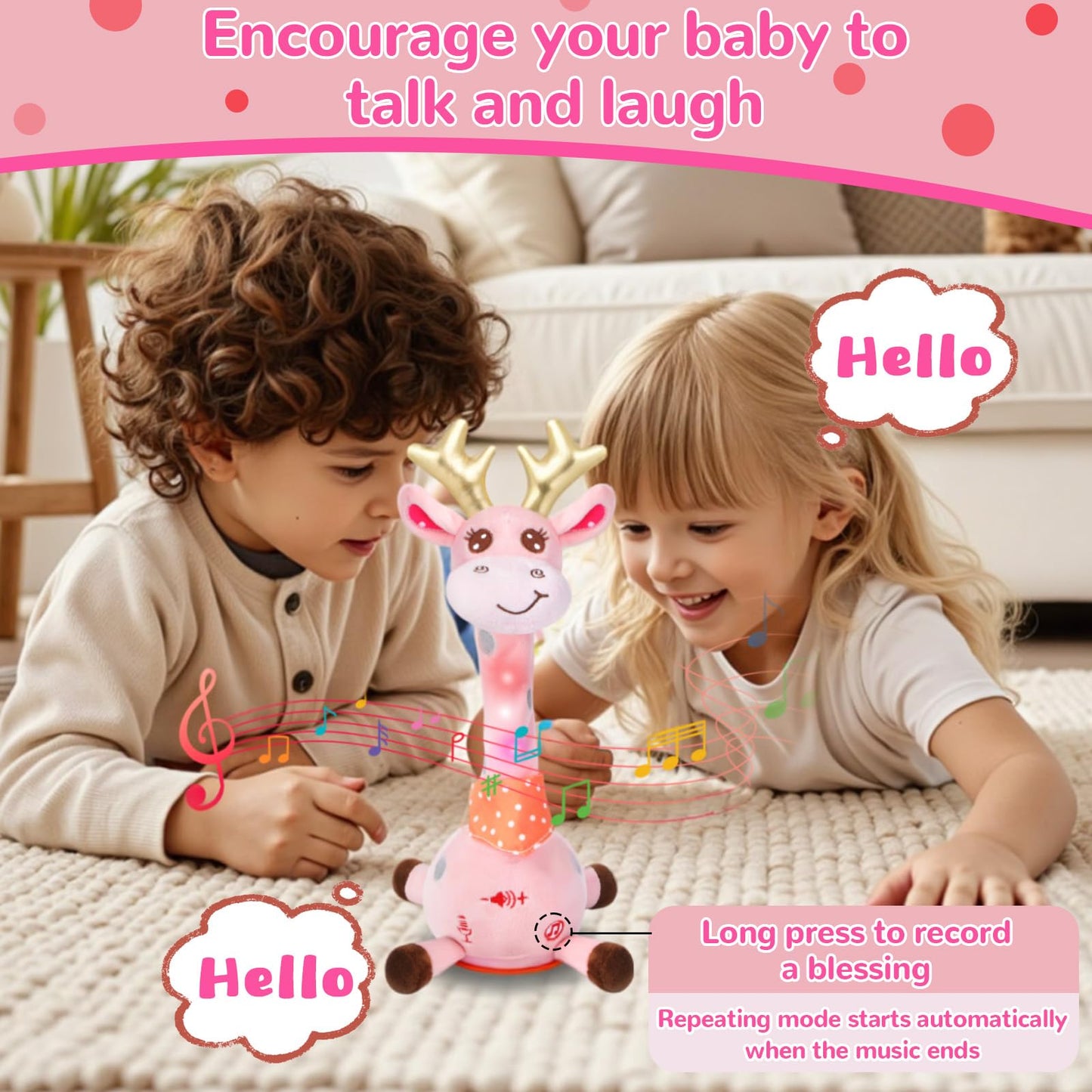 MILEGI Dancing Giraffe Toy – Pink Plush with Songs & Volume Control