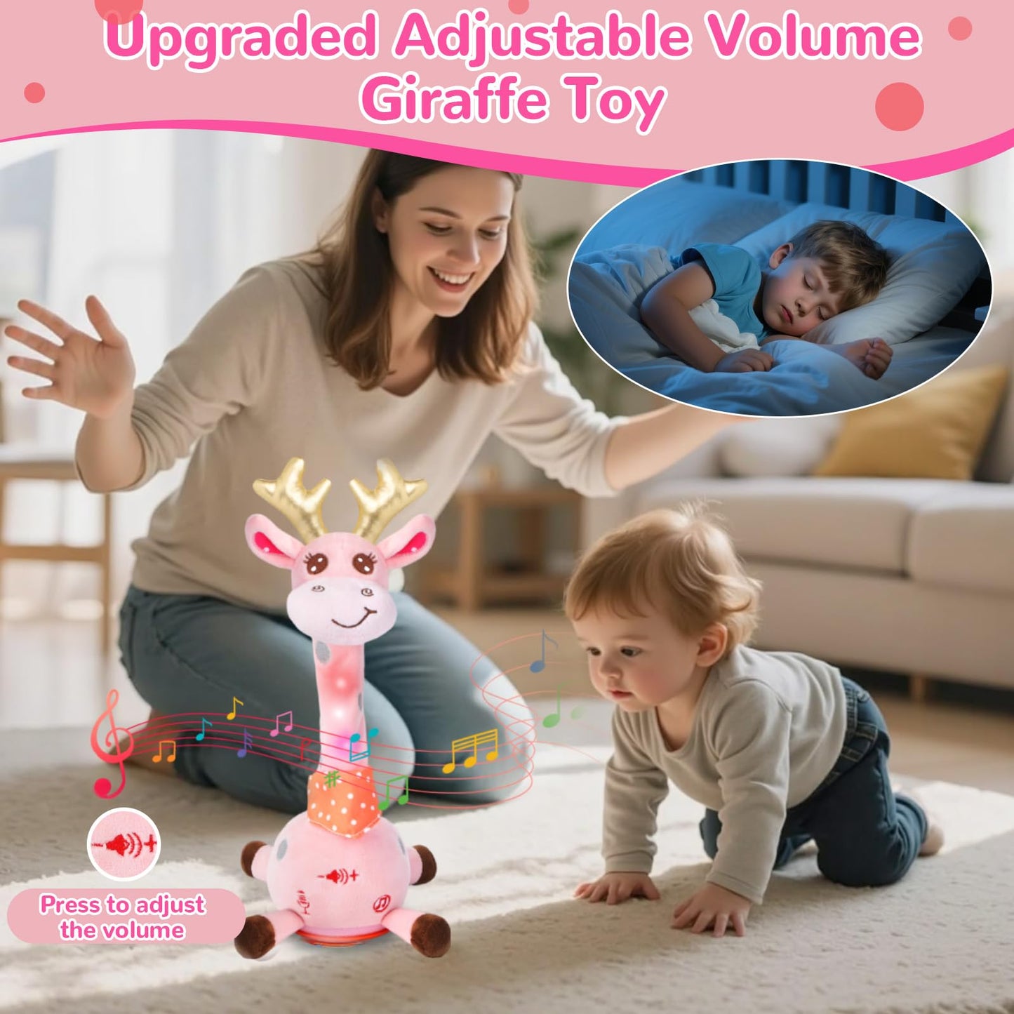 MILEGI Dancing Giraffe Toy – Pink Plush with Songs & Volume Control