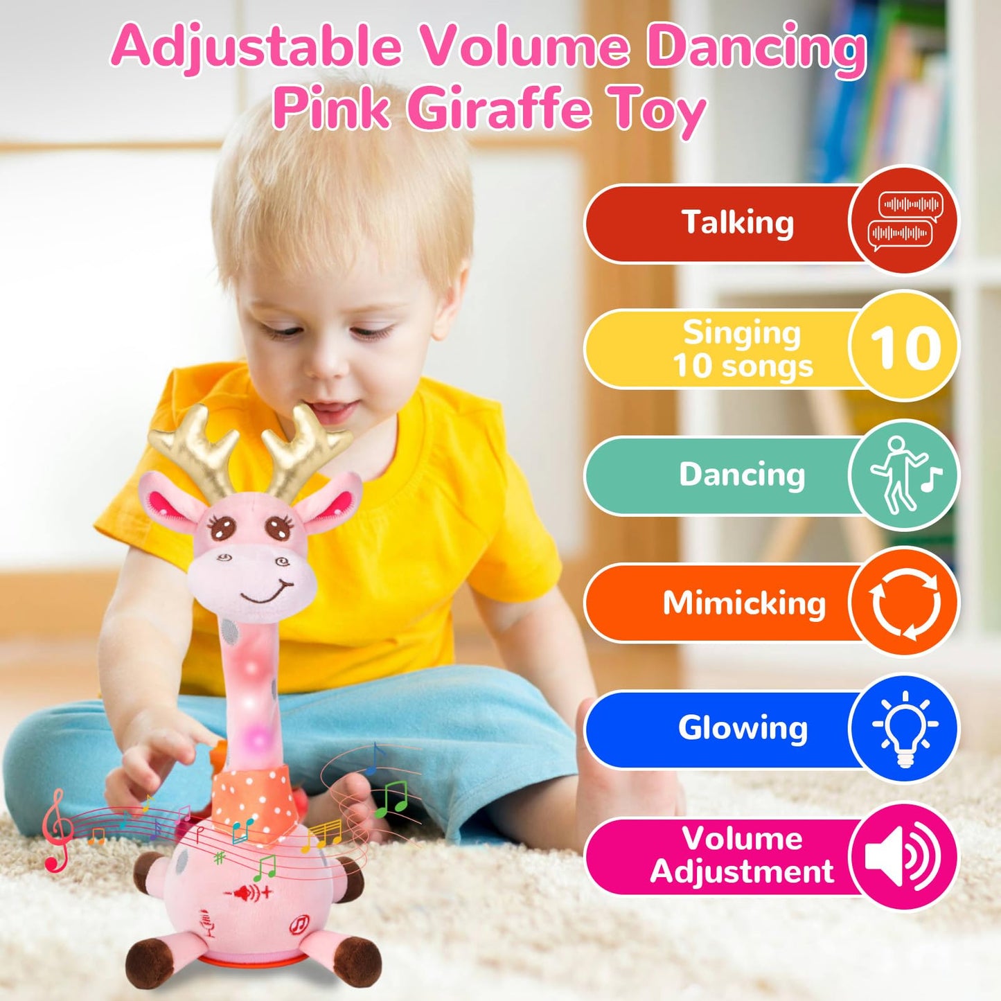 MILEGI Dancing Giraffe Toy – Pink Plush with Songs & Volume Control