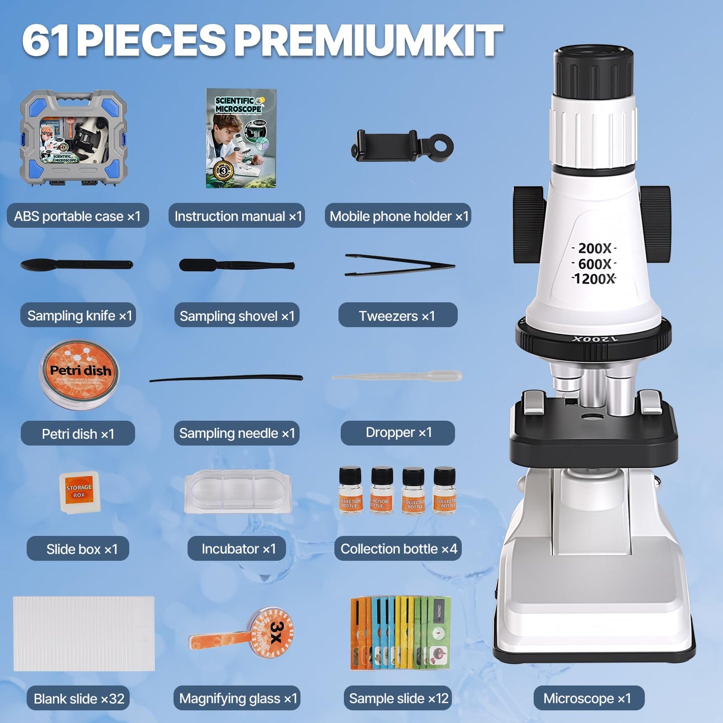 Mileonaim 61-Piece Kids Microscope Kit | 100X-1200X Magnification with LED Light