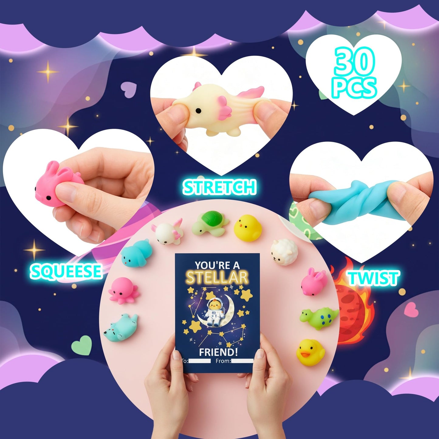 Milianquill Valentine Day Cards for Kids Classroom – 30 Mochi Squishy Valentines, Glow-in-the-Dark Favors
