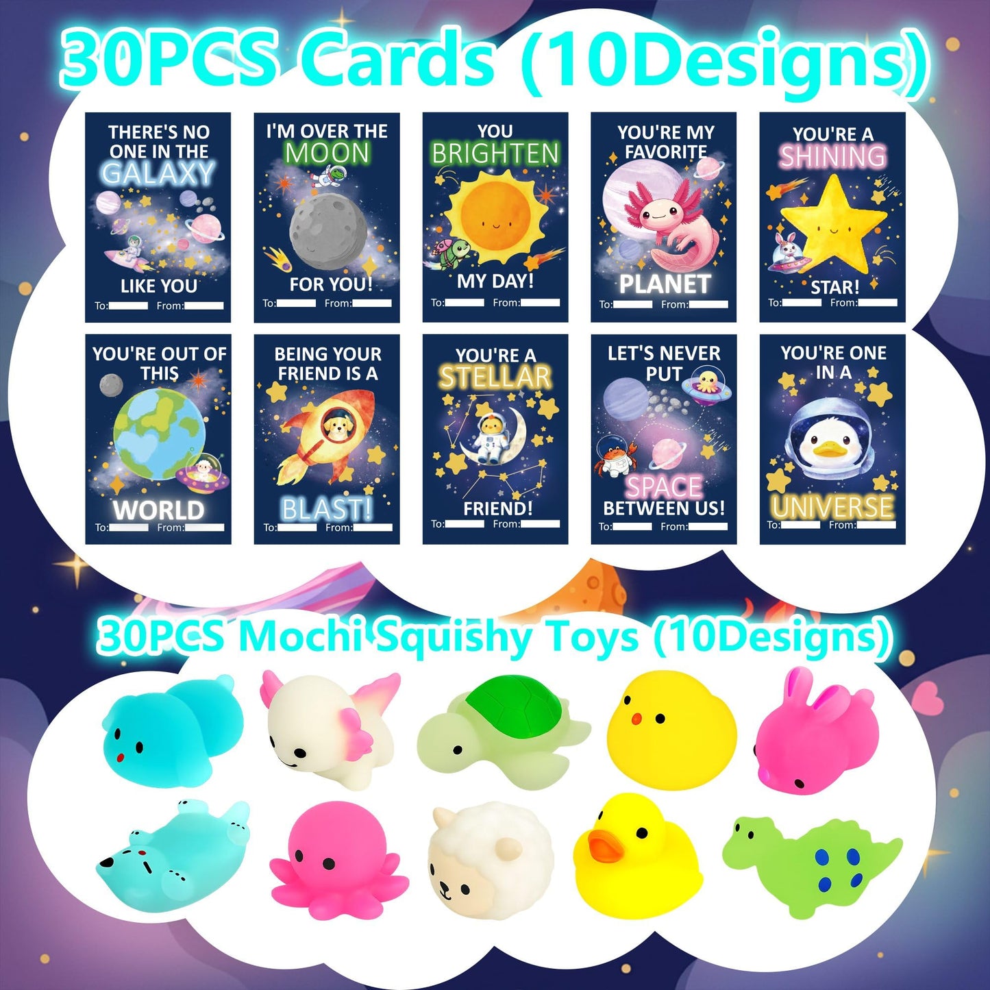 Milianquill Valentine Day Cards for Kids Classroom – 30 Mochi Squishy Valentines, Glow-in-the-Dark Favors