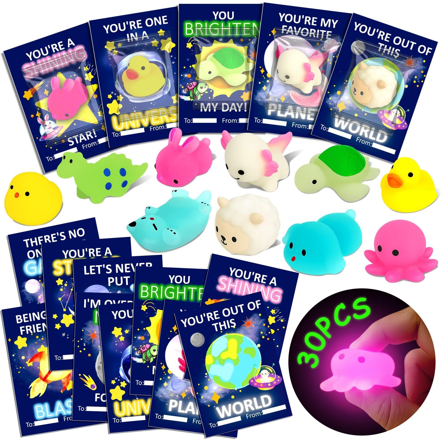 Milianquill Valentine Day Cards for Kids Classroom – 30 Mochi Squishy Valentines, Glow-in-the-Dark Favors