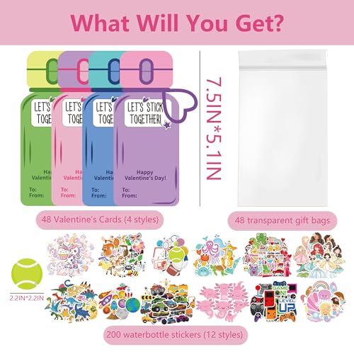Milianquill Valentines Water Bottle Cards Kit – 48 Cards & 240 Stickers
