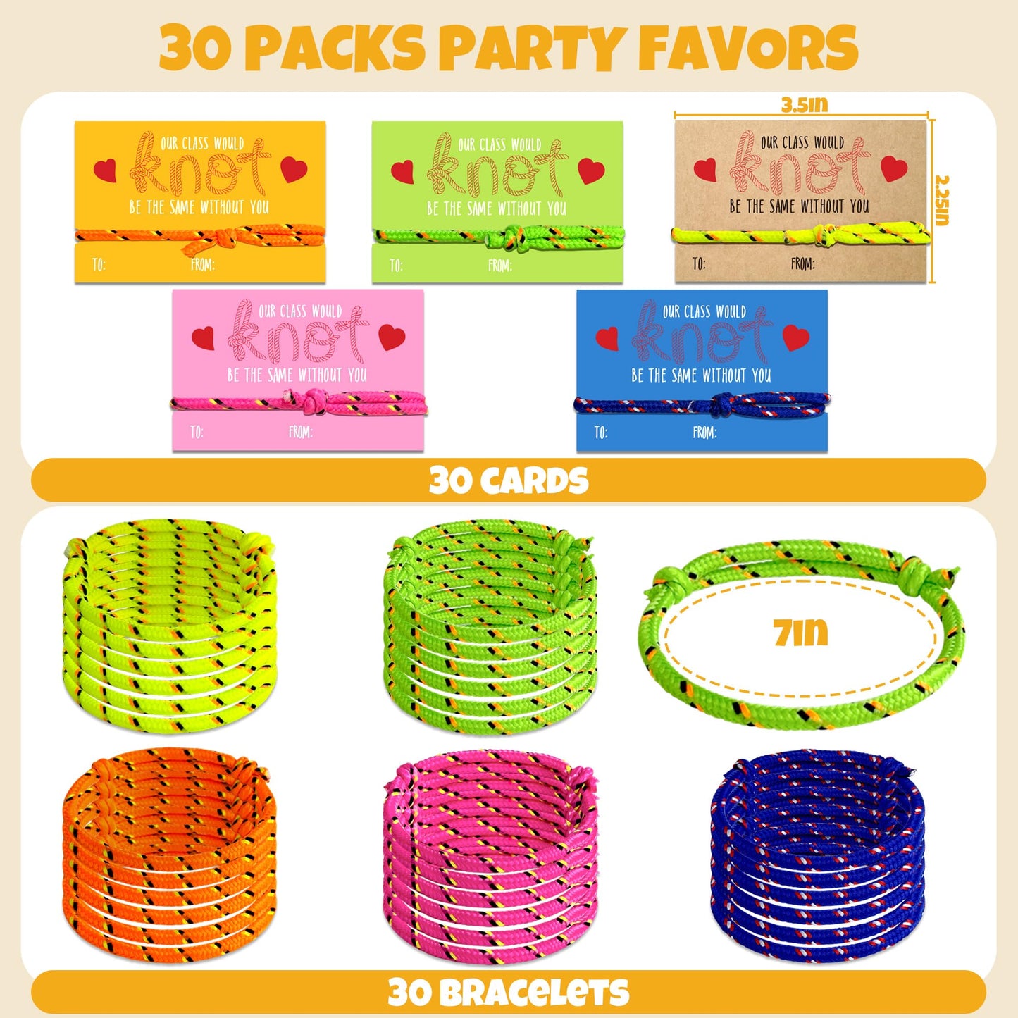 Milianquill Valentines: 30-Pack Knot Bracelets & Cards for Classroom from Teacher to Student