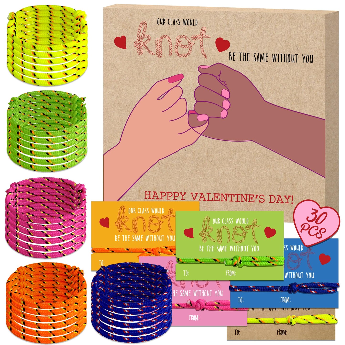 Milianquill Valentines: 30-Pack Knot Bracelets & Cards for Classroom from Teacher to Student