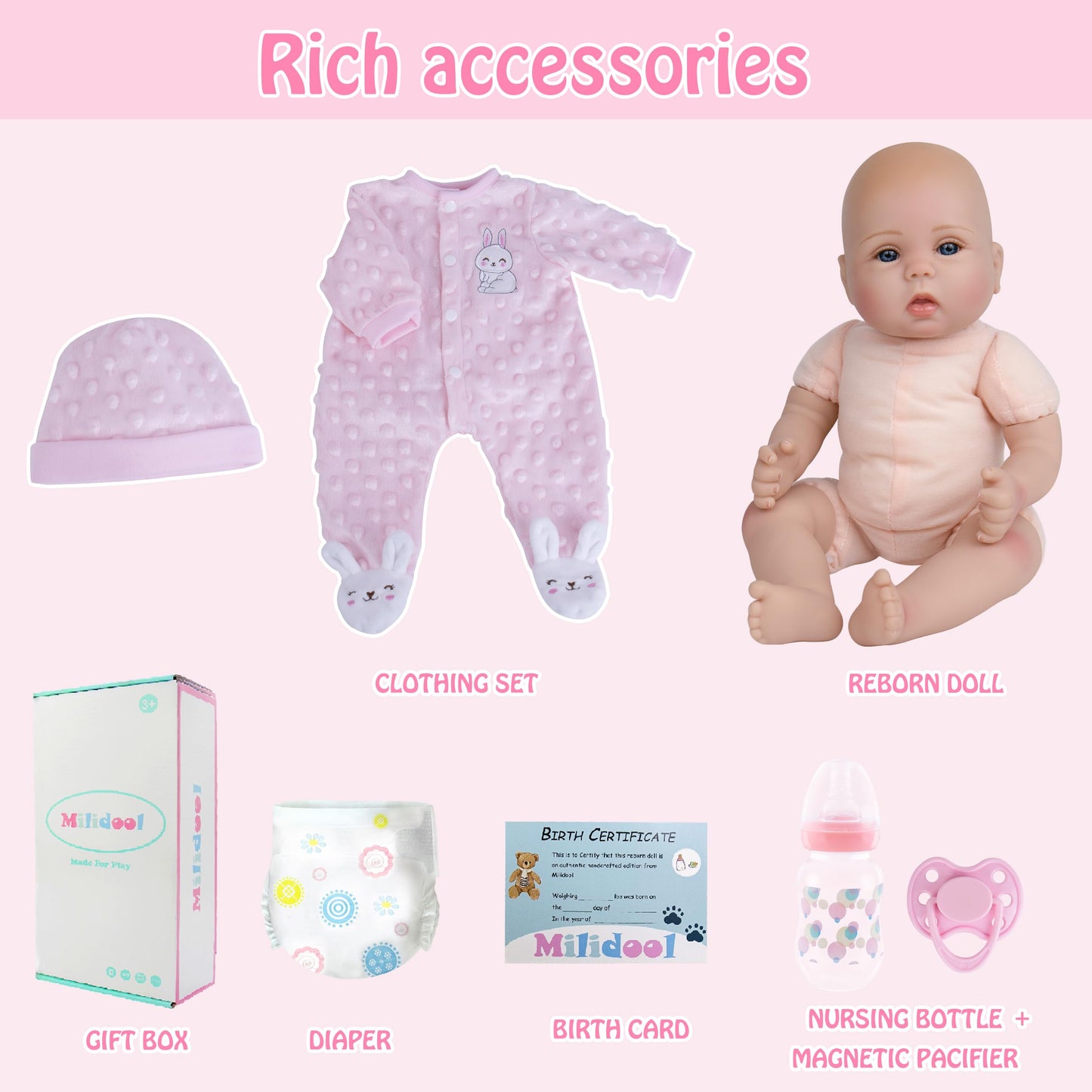 Milidool Reborn Baby Doll 18in – Lifelike Realistic Newborn Girl with Complete Accessories