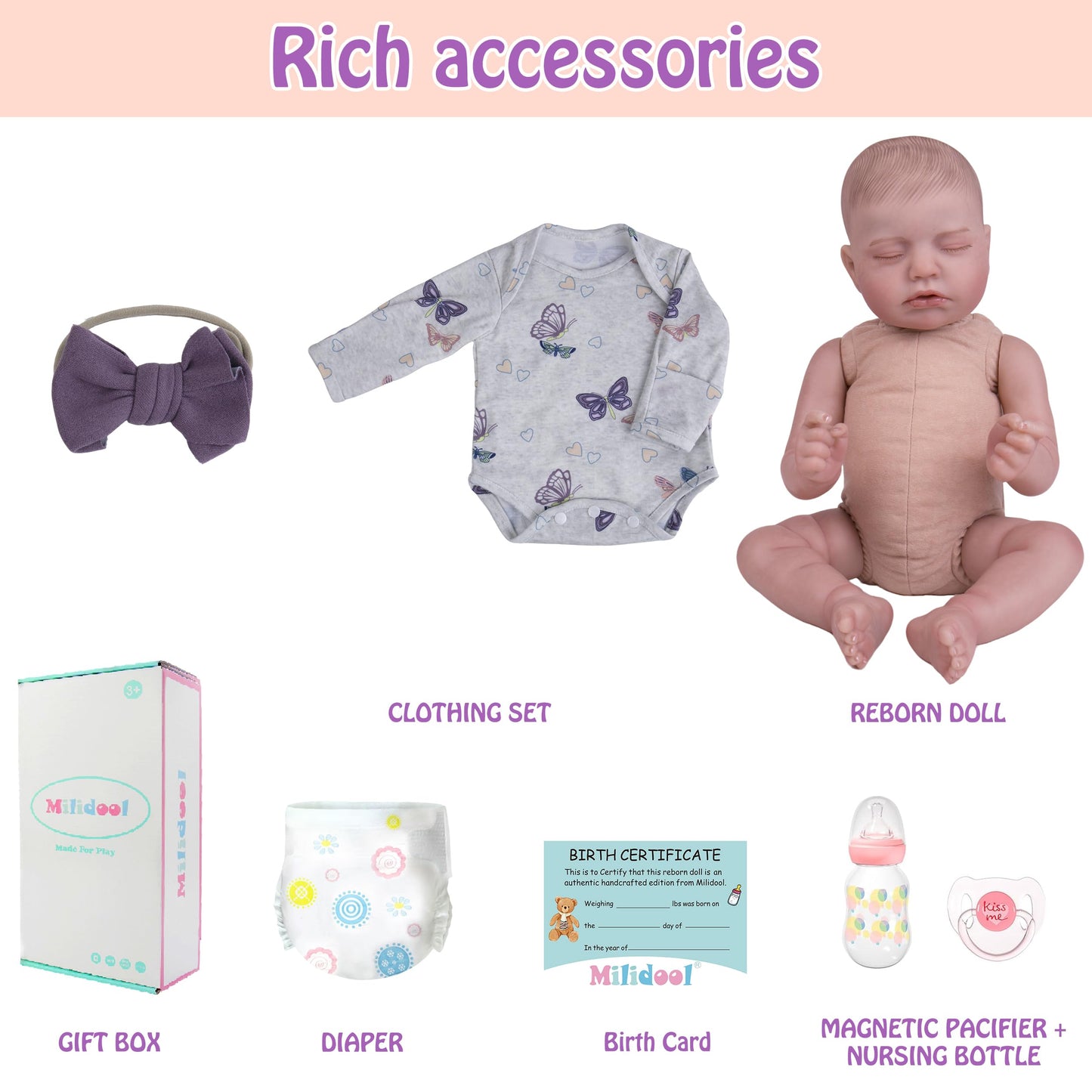 Milidool Reborn Baby Doll, 20-Inch Realistic Lifelike Doll with Accessories – Safe Gift for 3+
