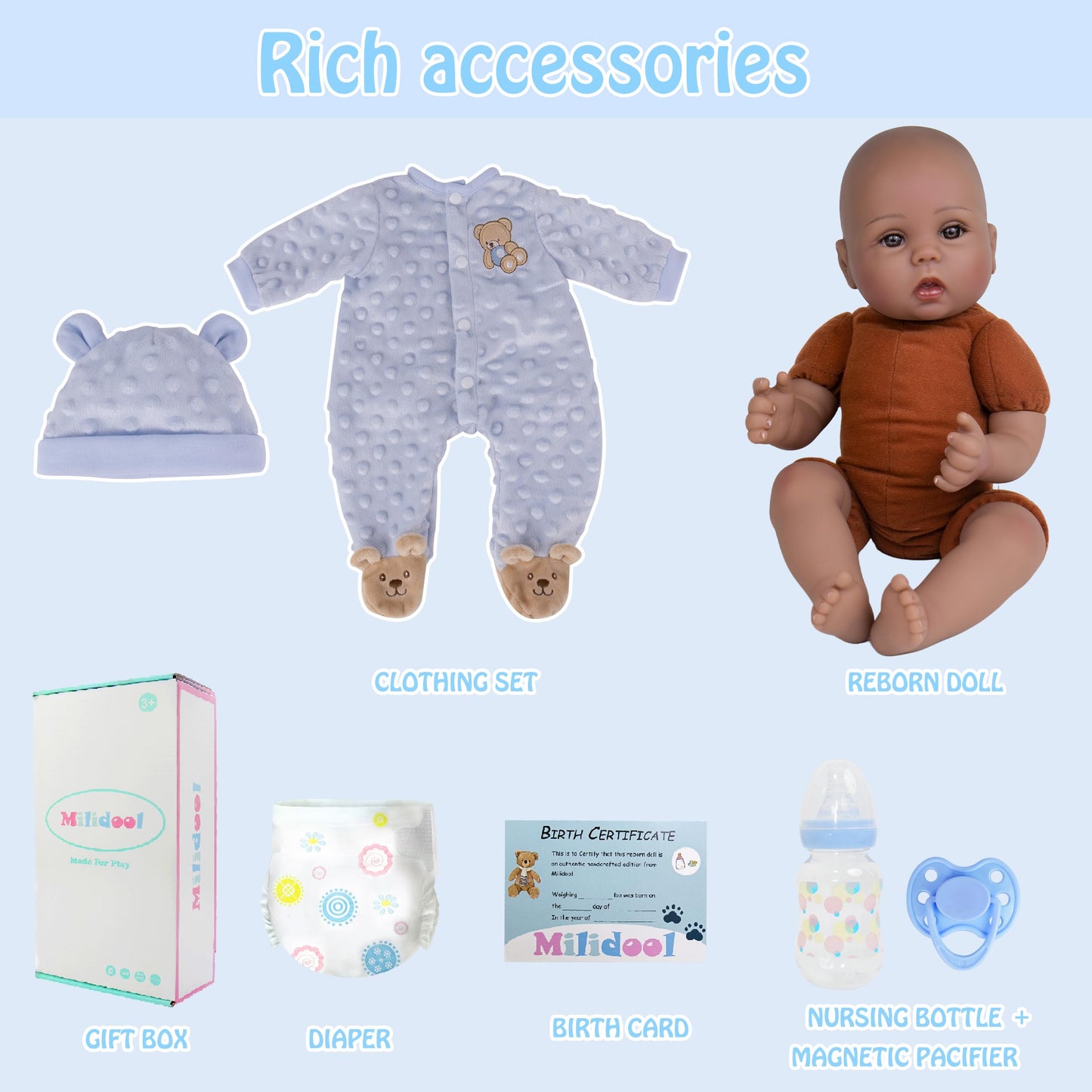 Milidool Black 18-Inch Reborn Baby Doll Boy – Lifelike African American Silicone Infant with Gift Set