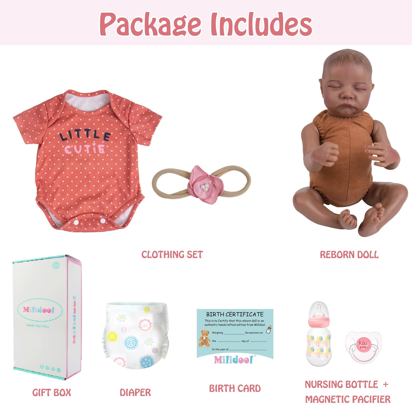 Milidool 18-Inch Reborn Baby Doll – Realistic African American Newborn with Weighted Body & Accessories
