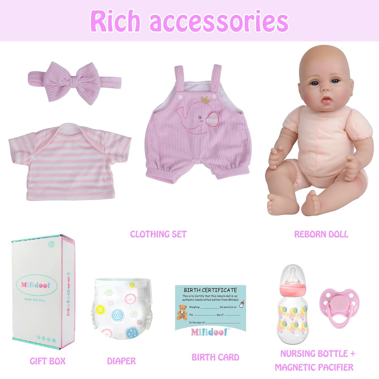Milidool Lifelike Reborn Baby Doll - 18-Inch Realistic Newborn Girl with Pink Elephant Pattern