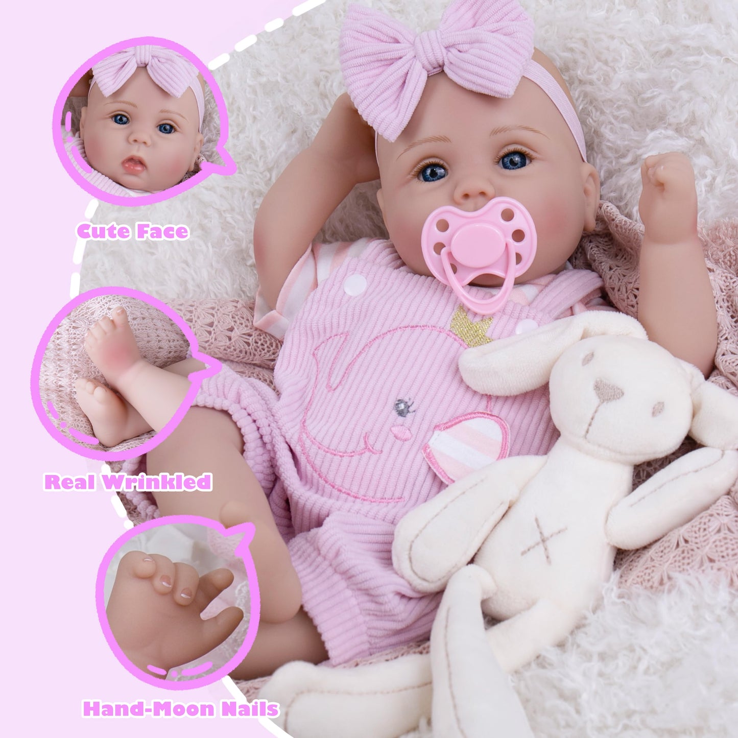 Milidool Lifelike Reborn Baby Doll - 18-Inch Realistic Newborn Girl with Pink Elephant Pattern