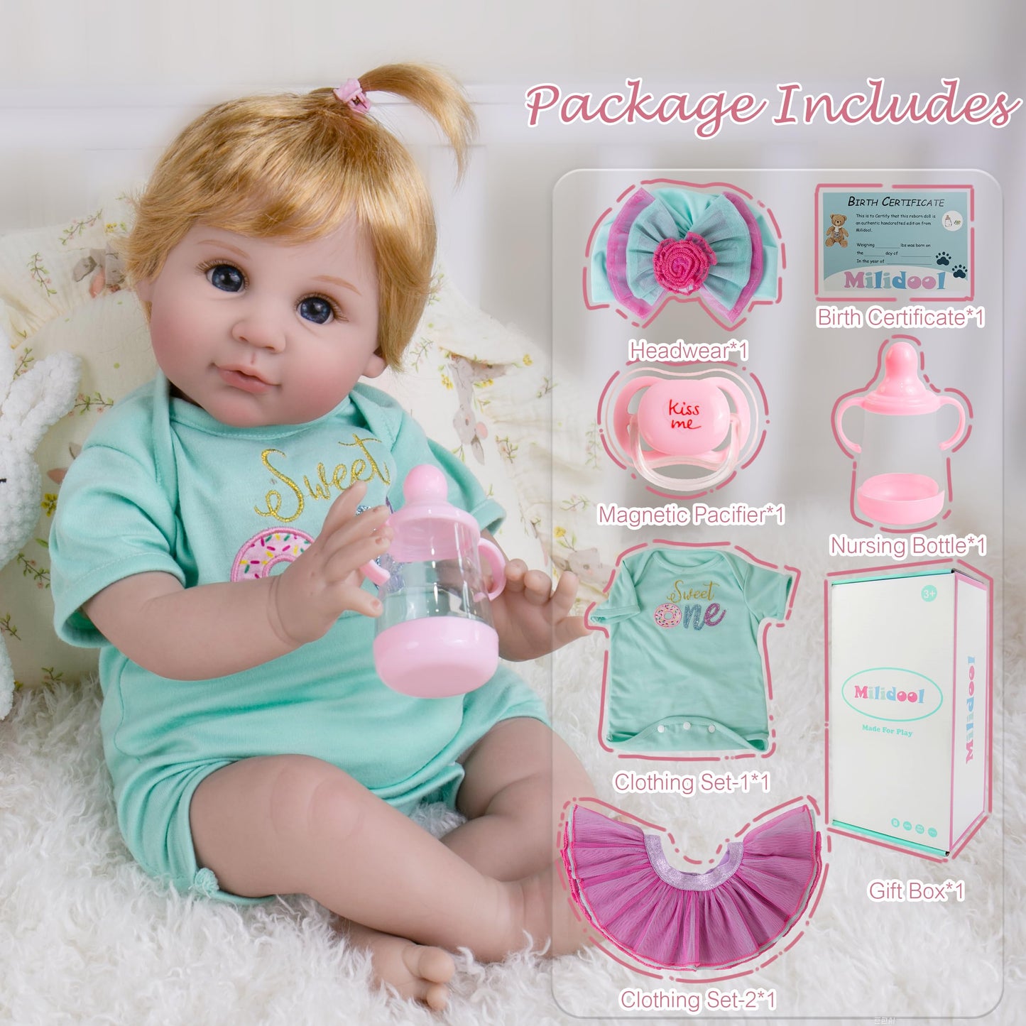 Milidool Lifelike Reborn Baby Doll 22-Inch Weighted Realistic Newborn - Girl Gift with Accessories