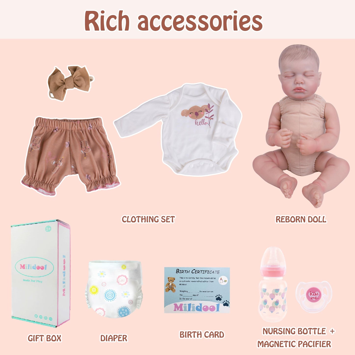 Milidool Lifelike Reborn Baby Doll - 20-Inch Realistic Newborn with Soft Cloth Body and Accessories