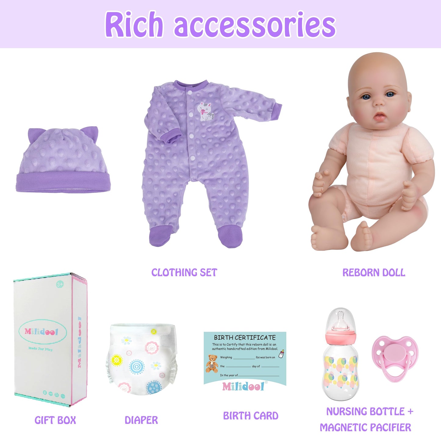 Milidool Lifelike Reborn Baby Doll Girl 18in – Realistic Newborn, Gift for Ages 3+