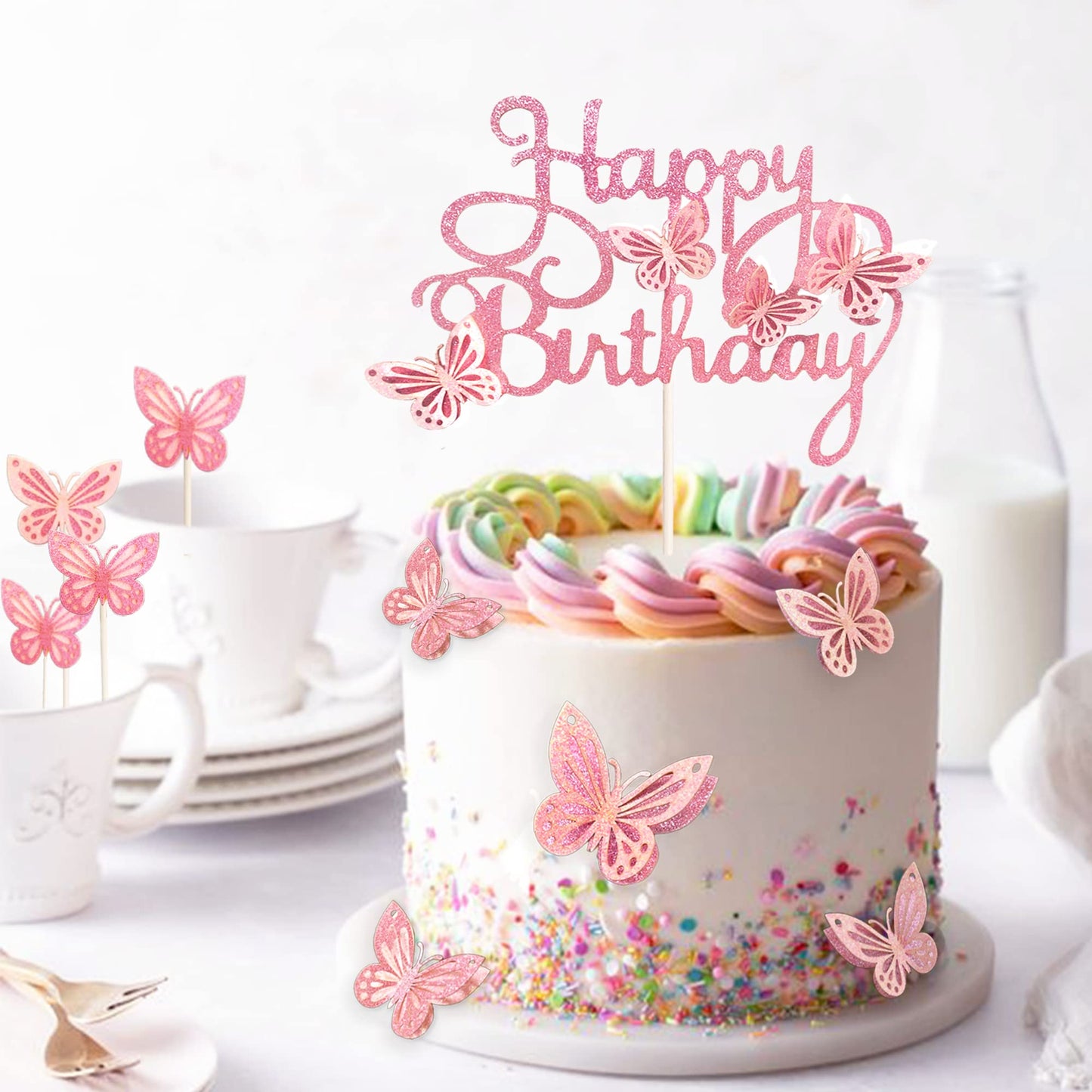 MILIYUKI 13-Piece 3D Butterfly Cupcake Topper Set – Pink Birthday Cake Decorations