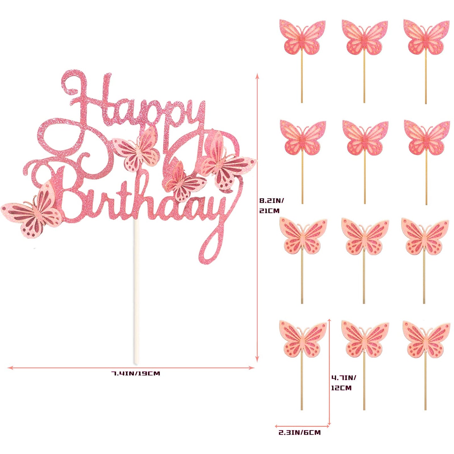 MILIYUKI 13-Piece 3D Butterfly Cupcake Topper Set – Pink Birthday Cake Decorations