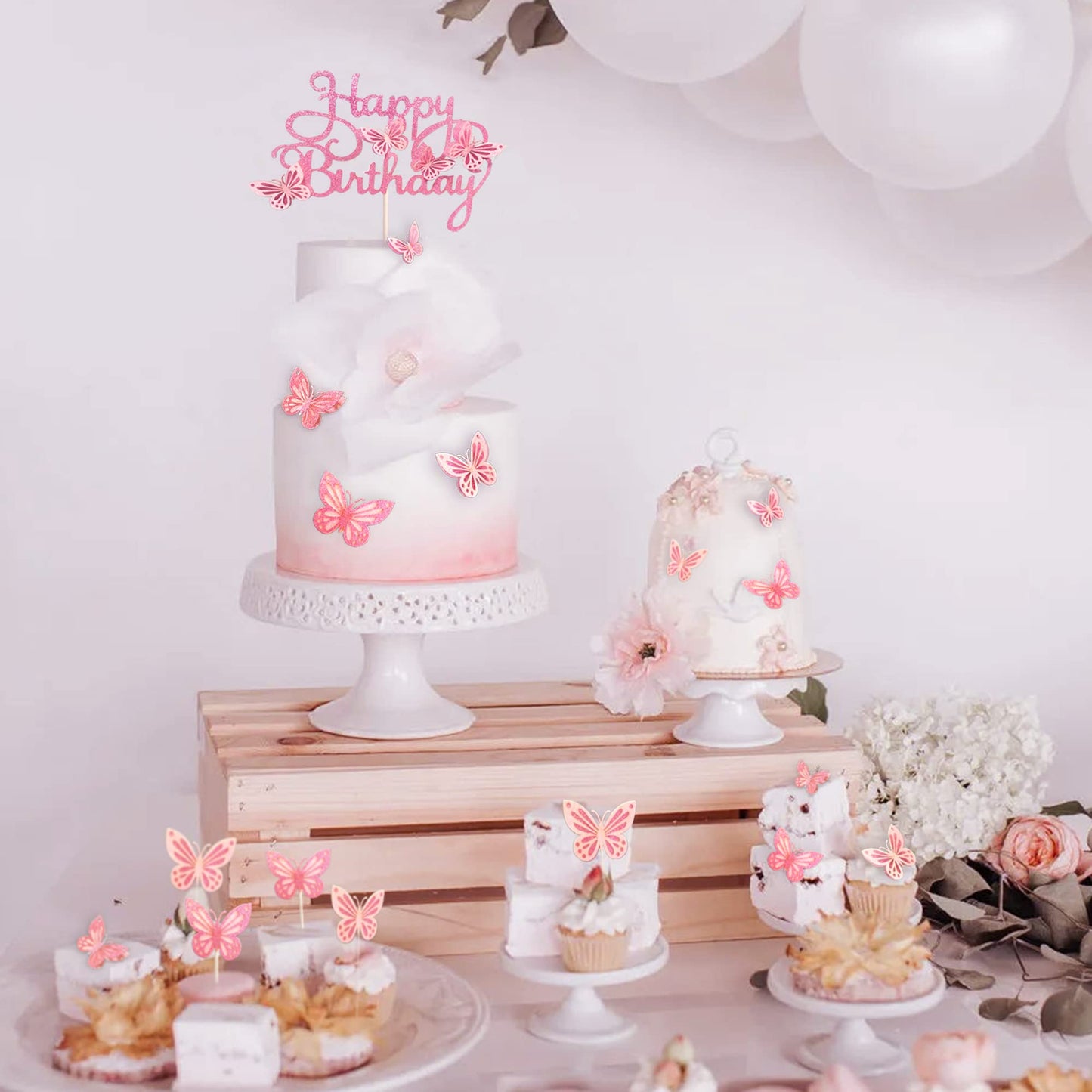 MILIYUKI 13-Piece 3D Butterfly Cupcake Topper Set – Pink Birthday Cake Decorations