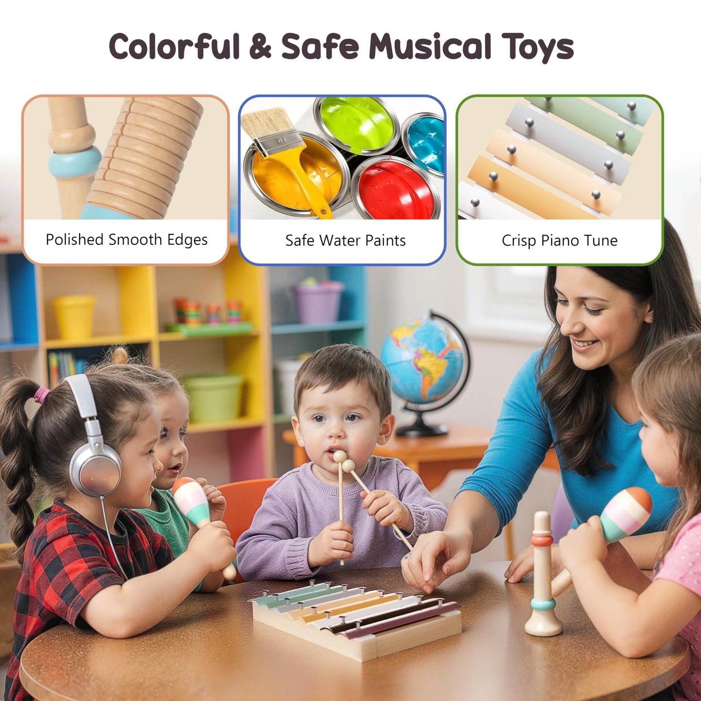 Miljgte Toddler Musical Instruments – Montessori Wooden Toys with Boho Xylophone (3+)