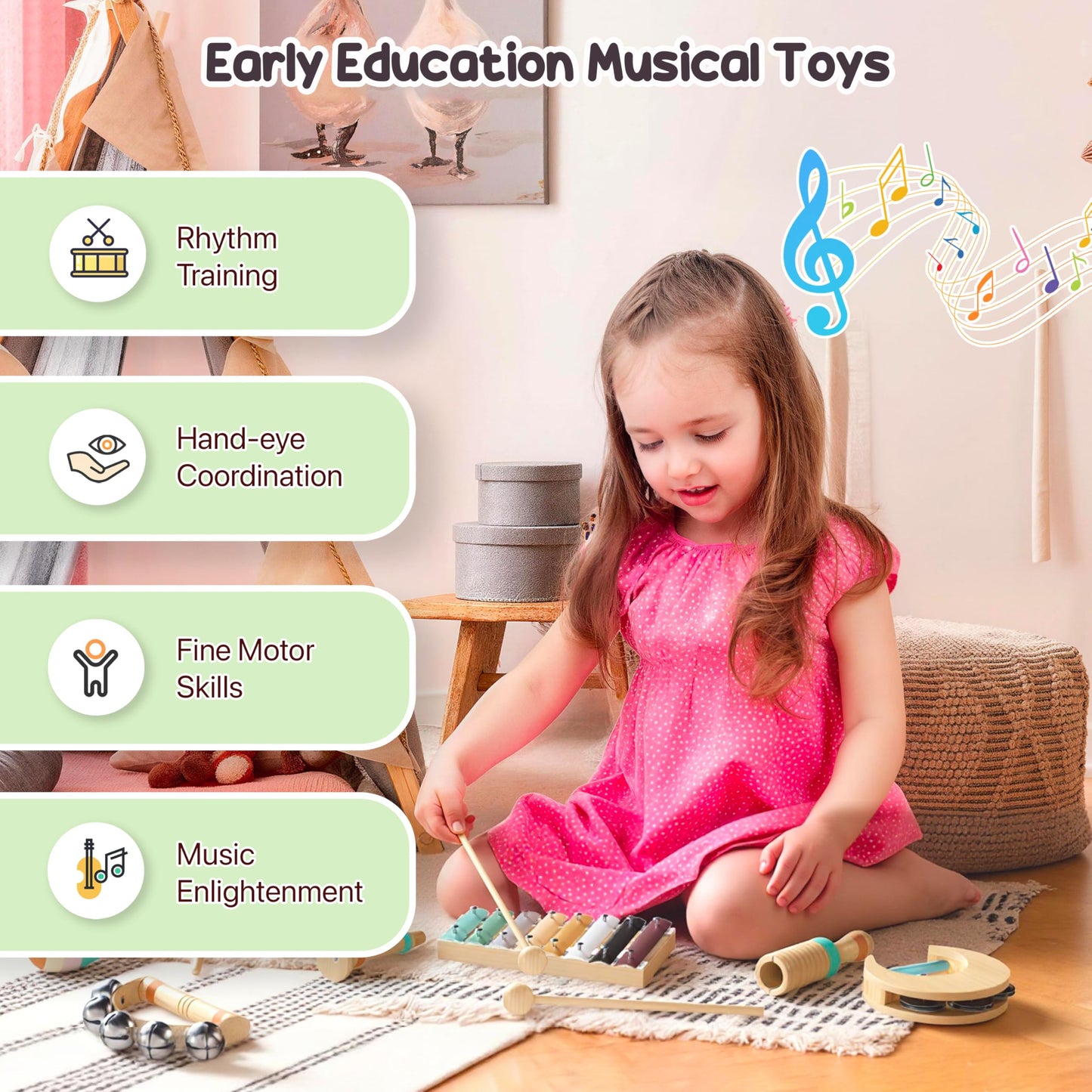 Miljgte Toddler Musical Instruments – Montessori Wooden Toys with Boho Xylophone (3+)